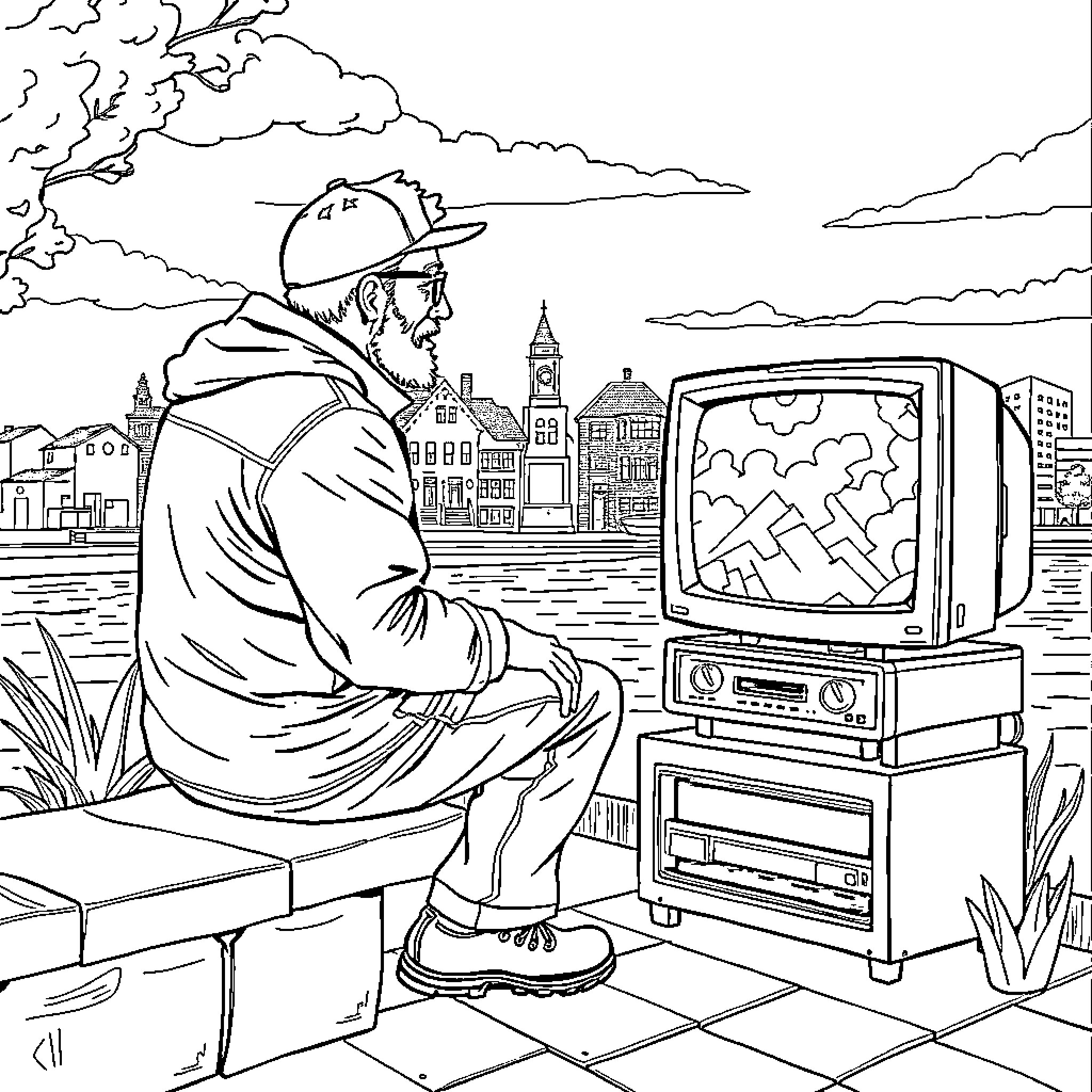 De Haaykaanter observing the city from his television Coloring Page (free black-and-white line drawing printable PDF for all, from beginners to advanced learners, including children, teens, adults, and seniors)