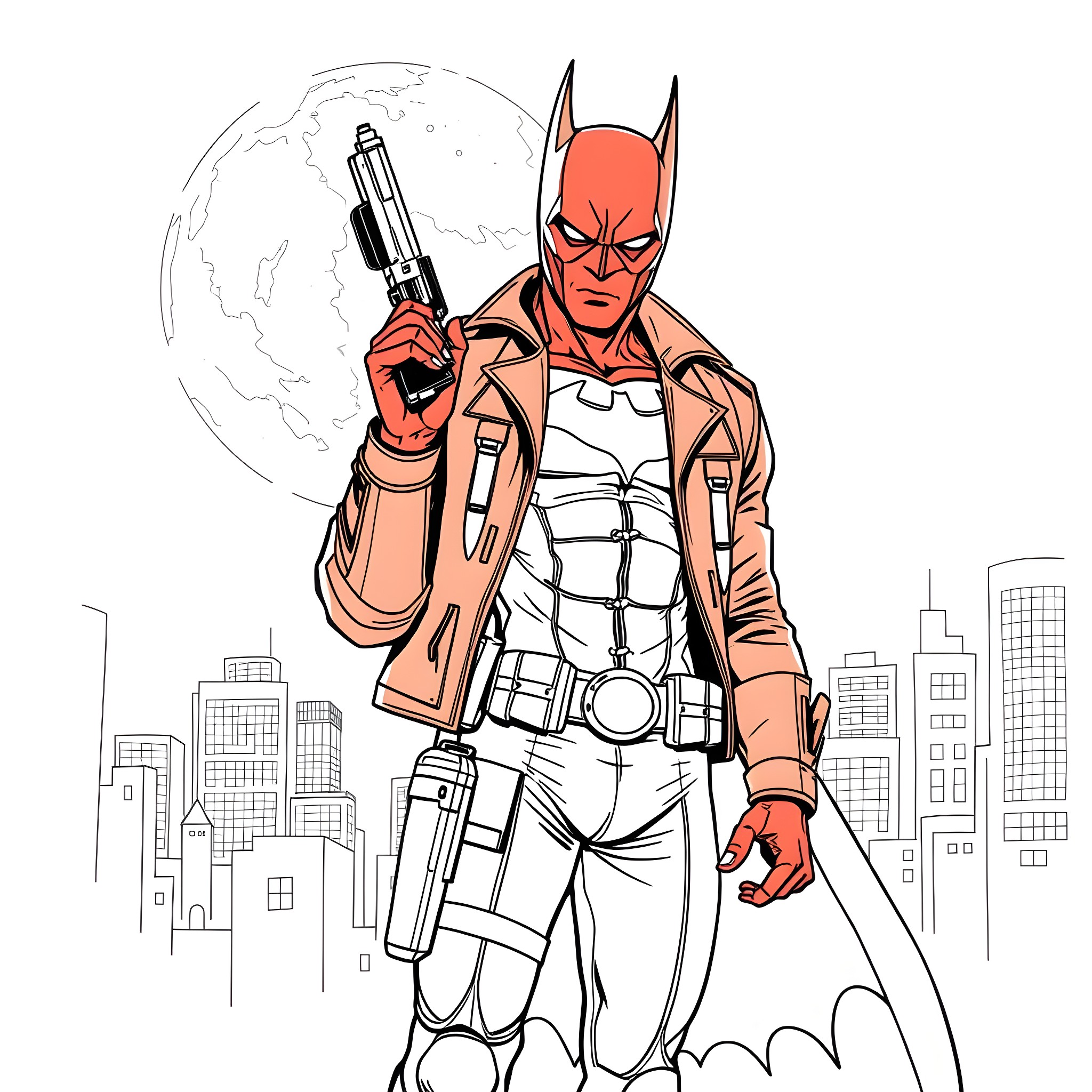 Red Hood Vigilante Patrol in the City Coloring Page (free black-and-white line drawing printable PDF for all, from beginners to advanced learners, including children, teens, adults, and seniors)