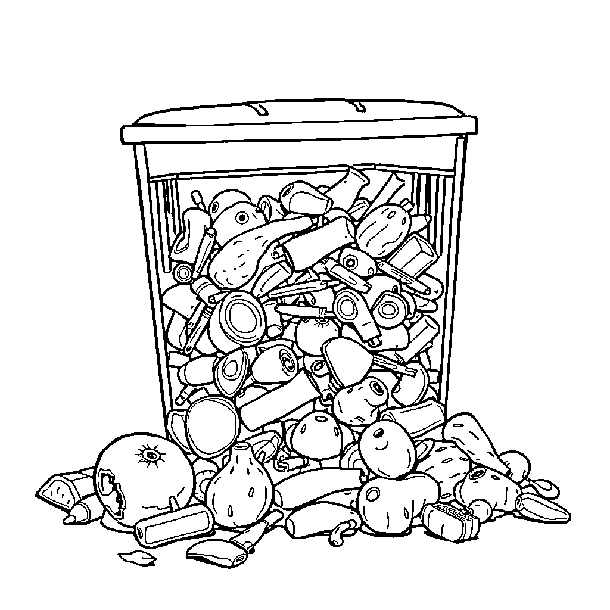 Food Waste Overflowing from Garbage Can Coloring Page (free black-and-white line drawing printable PDF for all, from beginners to advanced learners, including children, teens, adults, and seniors)