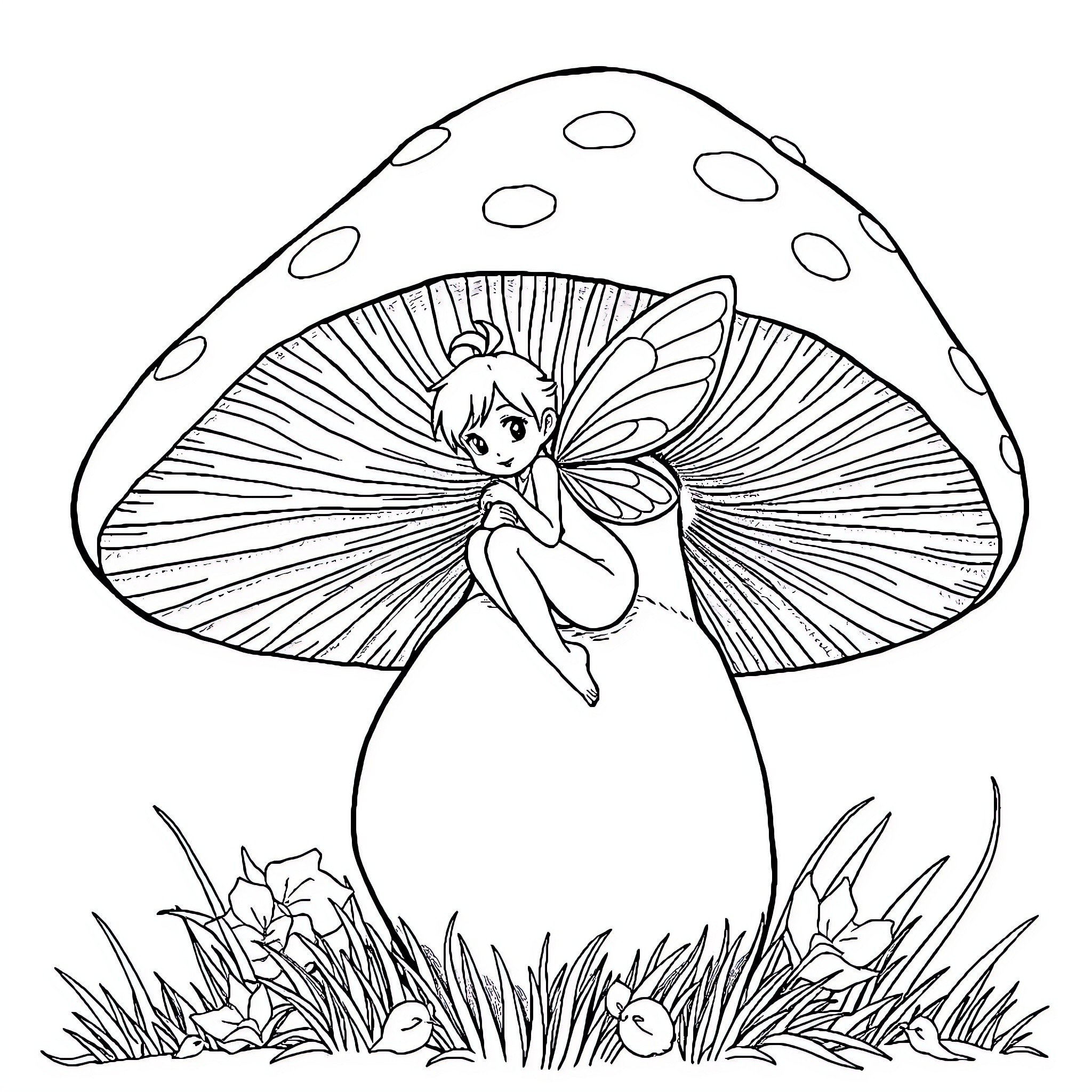 Feeae Fairy Resting on Mushroom Coloring Page (free black-and-white line drawing printable PDF for all, from beginners to advanced learners, including children, teens, adults, and seniors)