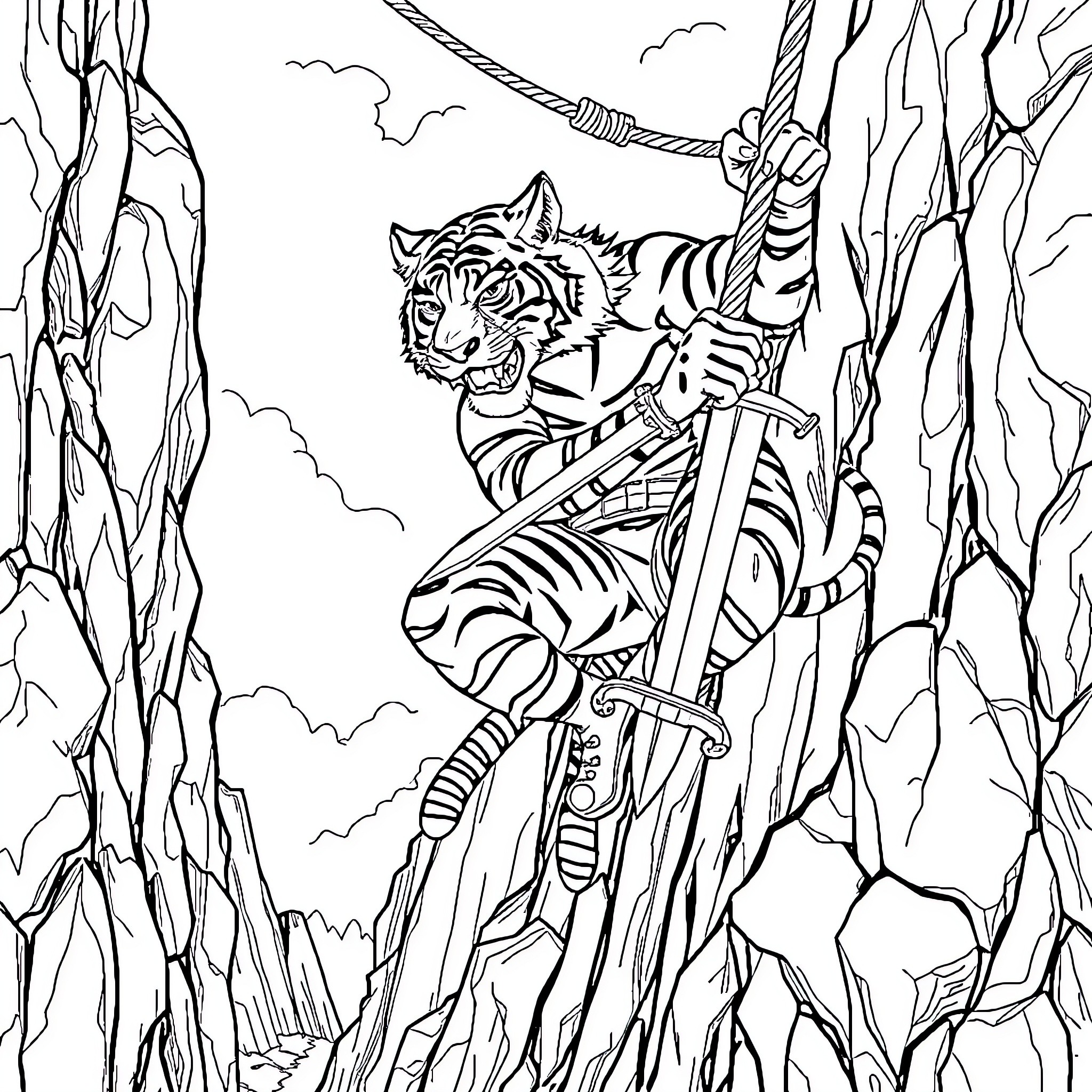 Tiger Man swinging on a rope through a dangerous jungle Coloring Page (free black-and-white line drawing printable PDF for all, from beginners to advanced learners, including children, teens, adults, and seniors)