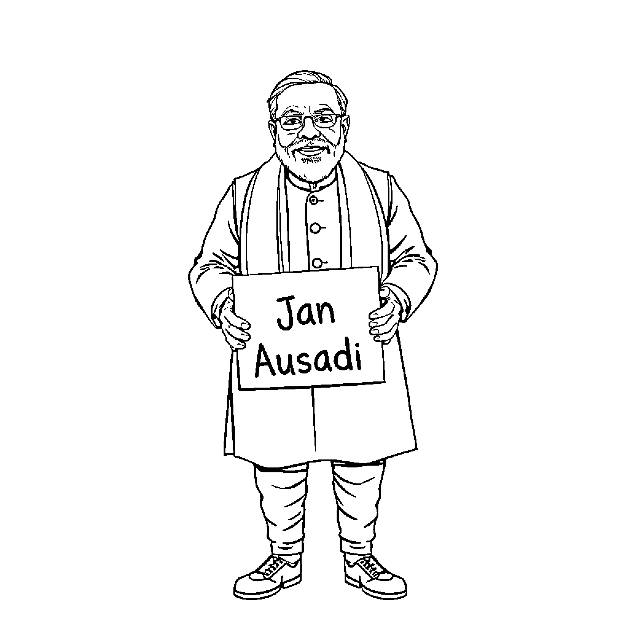 Narendra Modi holding 'Jan Ausadi' sign Coloring Page (free black-and-white line drawing printable PDF for all, from beginners to advanced learners, including children, teens, adults, and seniors)