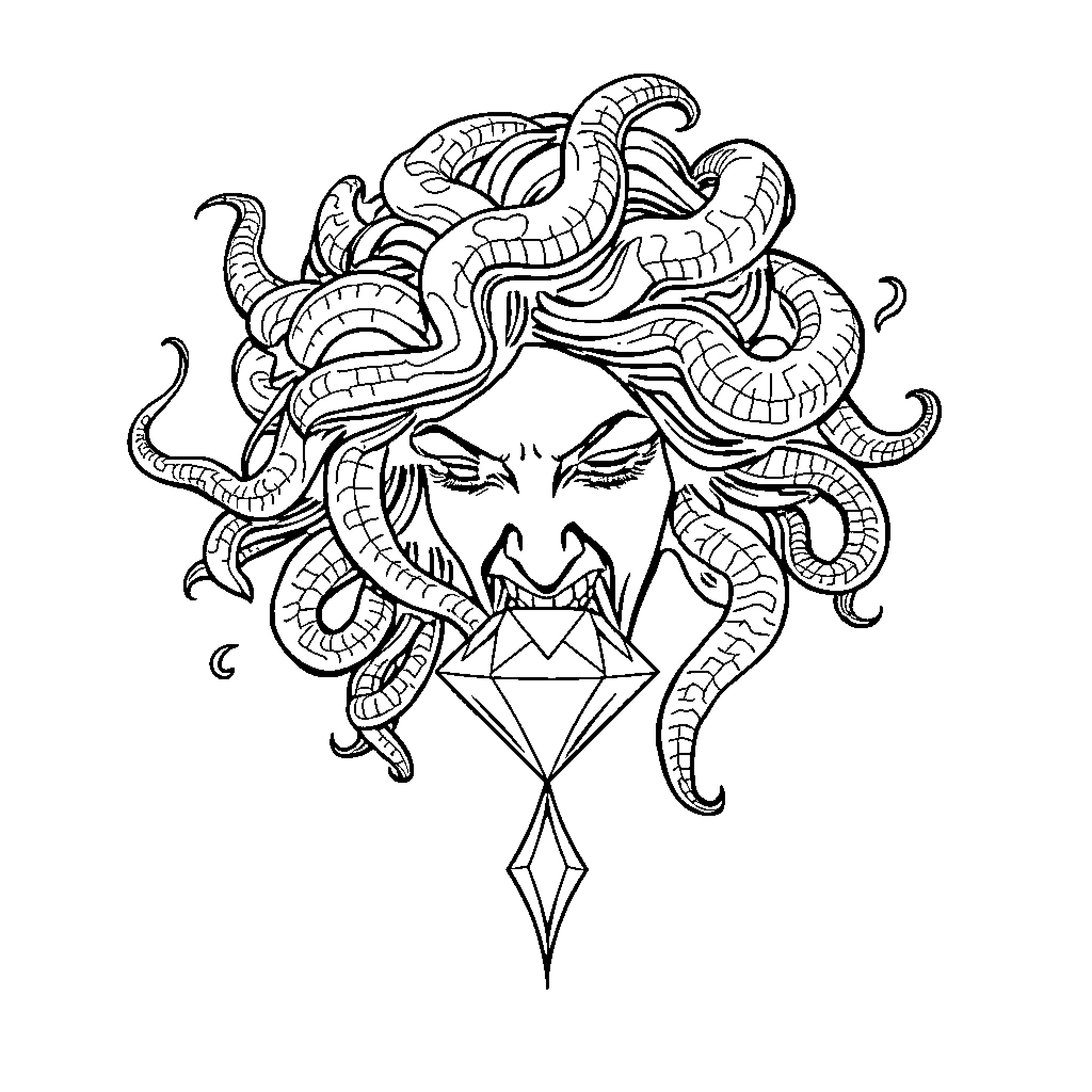 Medusa's Serpentine Visage Coloring Page (free black-and-white line drawing printable PDF for all, from beginners to advanced learners, including children, teens, adults, and seniors)