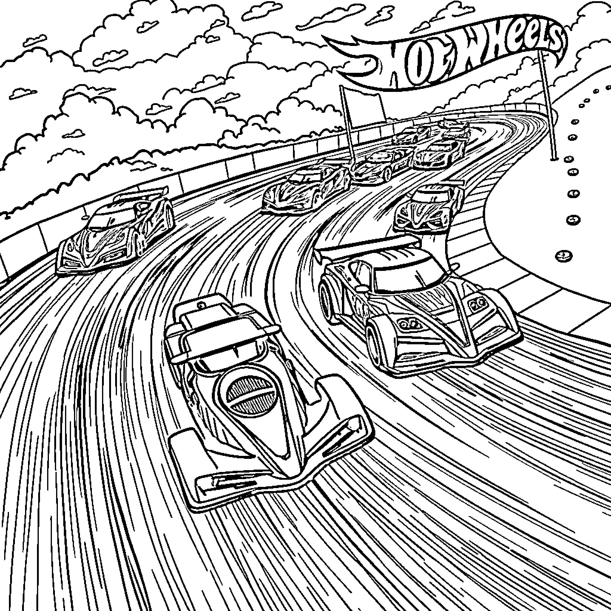 Car Racing on Winding Track with Clouds Coloring Page (free black-and-white line drawing printable PDF for all, from beginners to advanced learners, including children, teens, adults, and seniors)