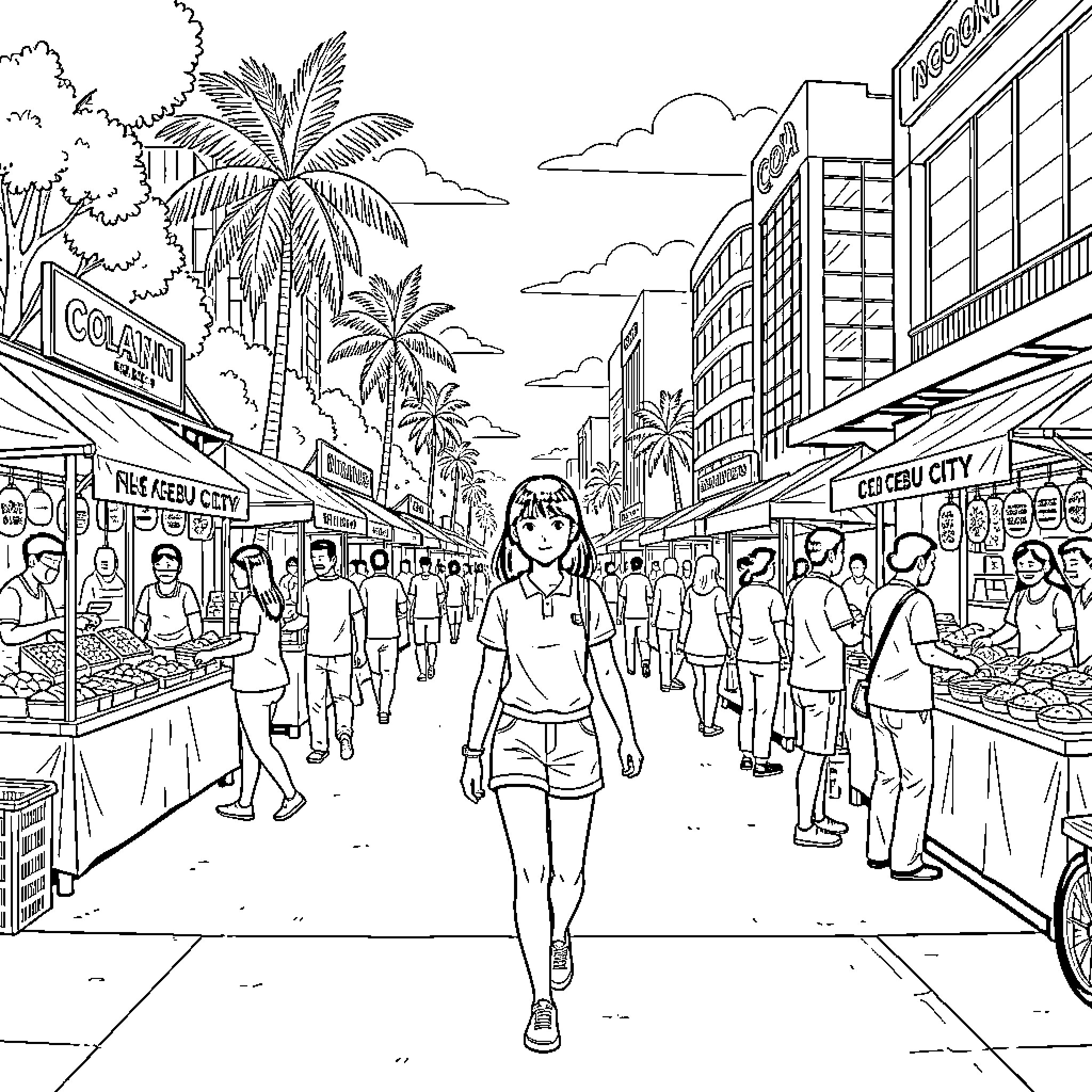 Teen Girl walking through a busy street market Coloring Page (free black-and-white line drawing printable PDF for all, from beginners to advanced learners, including children, teens, adults, and seniors)