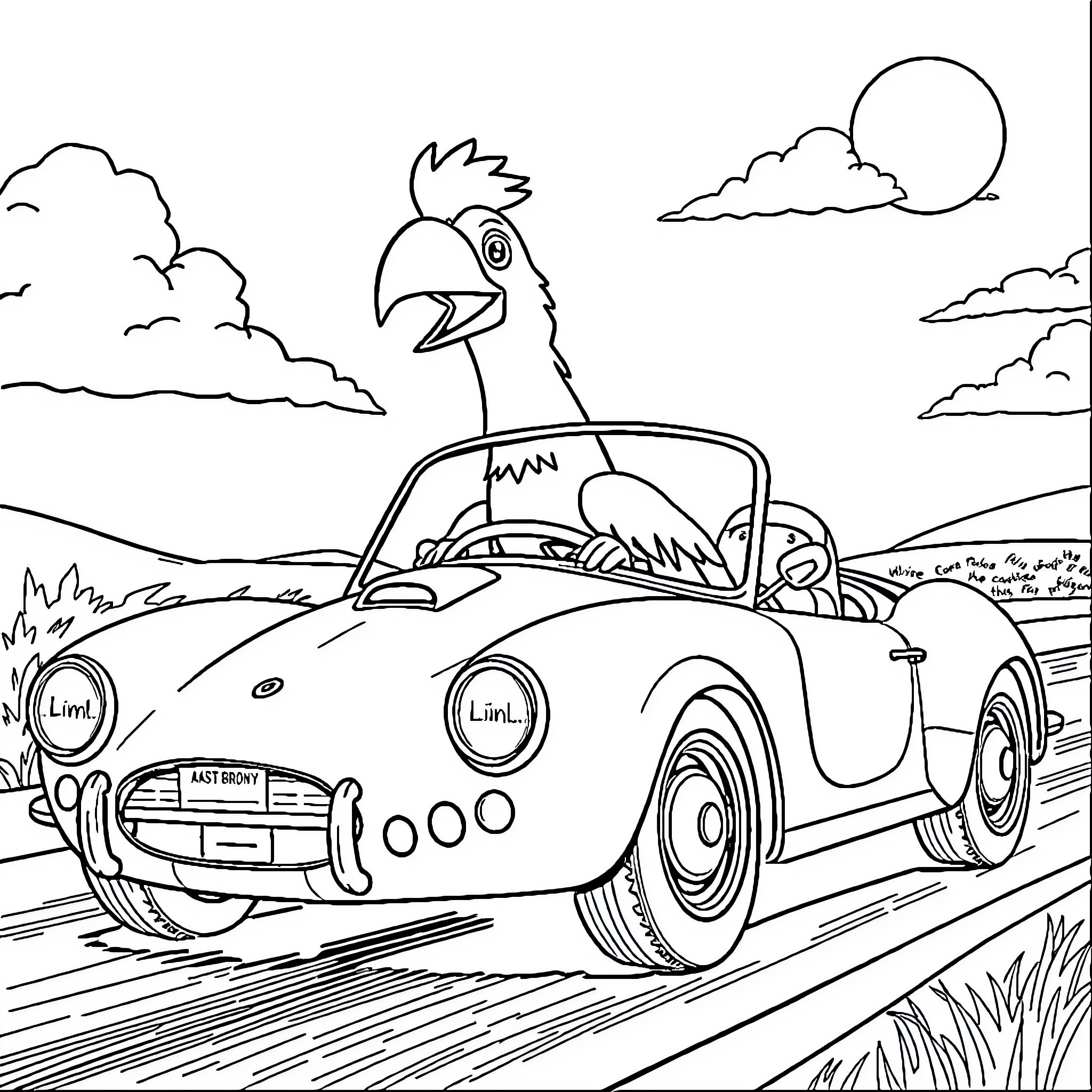 Bird driving a vintage car on the open road Coloring Page (free black-and-white line drawing printable PDF for all, from beginners to advanced learners, including children, teens, adults, and seniors)