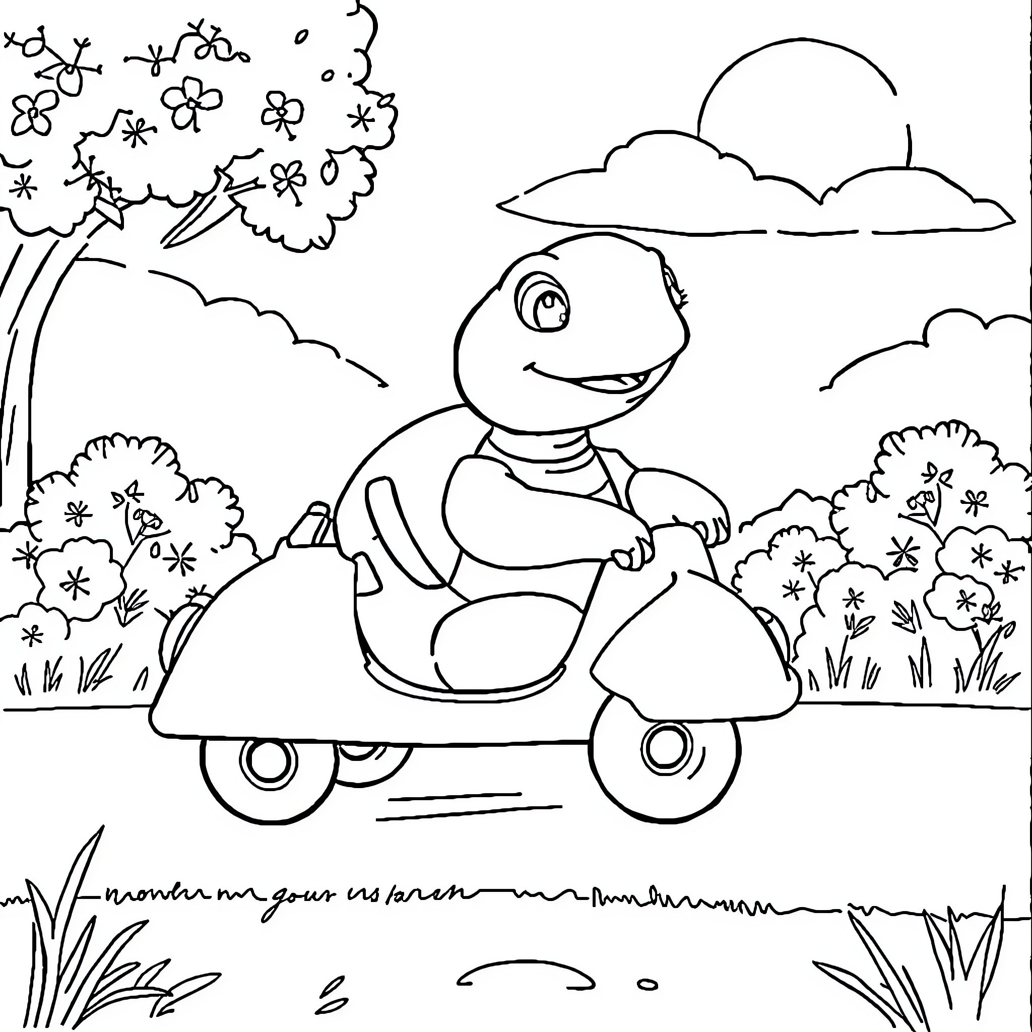 Turtle driving a scooter in a floral scene Coloring Page (free black-and-white line drawing printable PDF for all, from beginners to advanced learners, including children, teens, adults, and seniors)