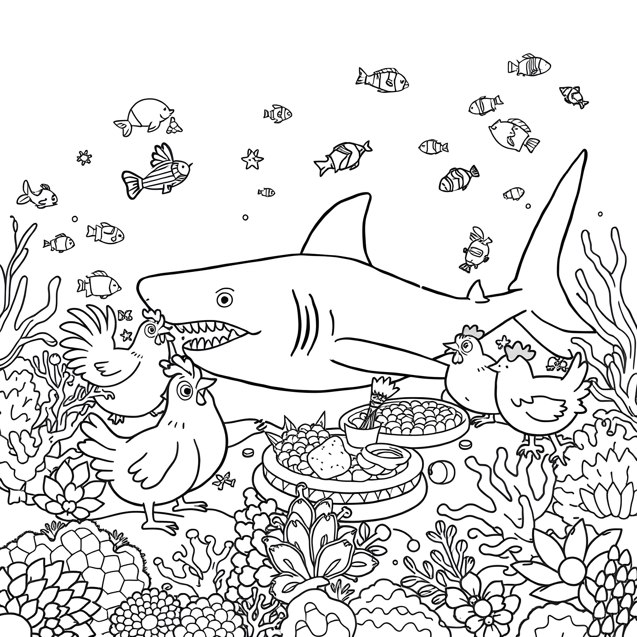 Wobbegong Shark swimming with colorful marine life Coloring Page (free black-and-white line drawing printable PDF for all, from beginners to advanced learners, including children, teens, adults, and seniors)
