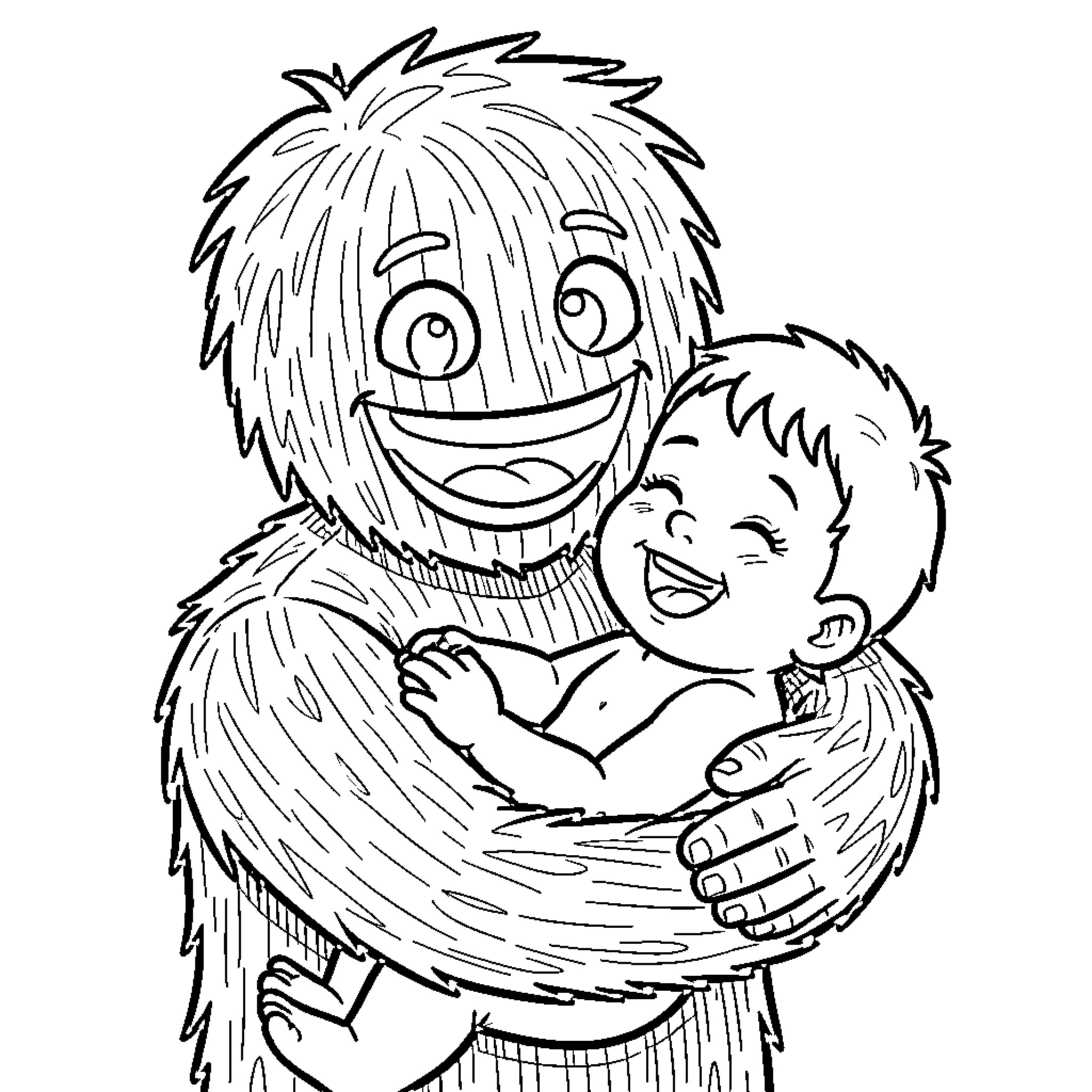 Huggy Buggy Furry Friends Embrace Coloring Page (free black-and-white line drawing printable PDF for all, from beginners to advanced learners, including children, teens, adults, and seniors)