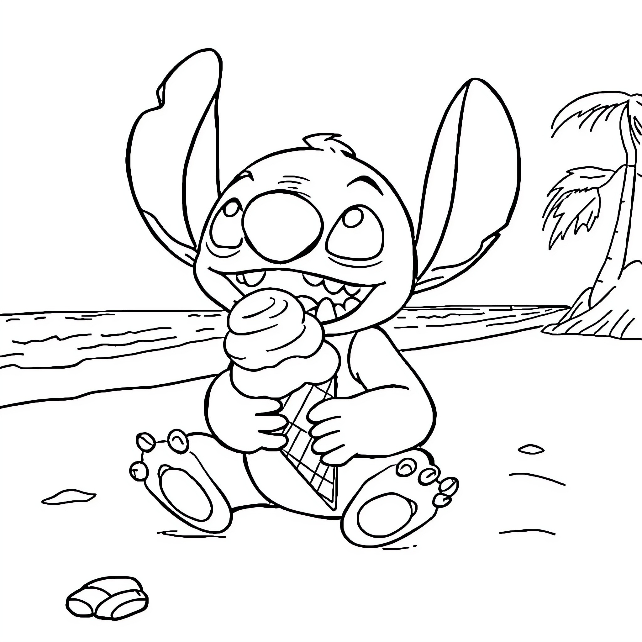 Stitch enjoying a day at the beach Coloring Page (free black-and-white line drawing printable PDF for all, from beginners to advanced learners, including children, teens, adults, and seniors)