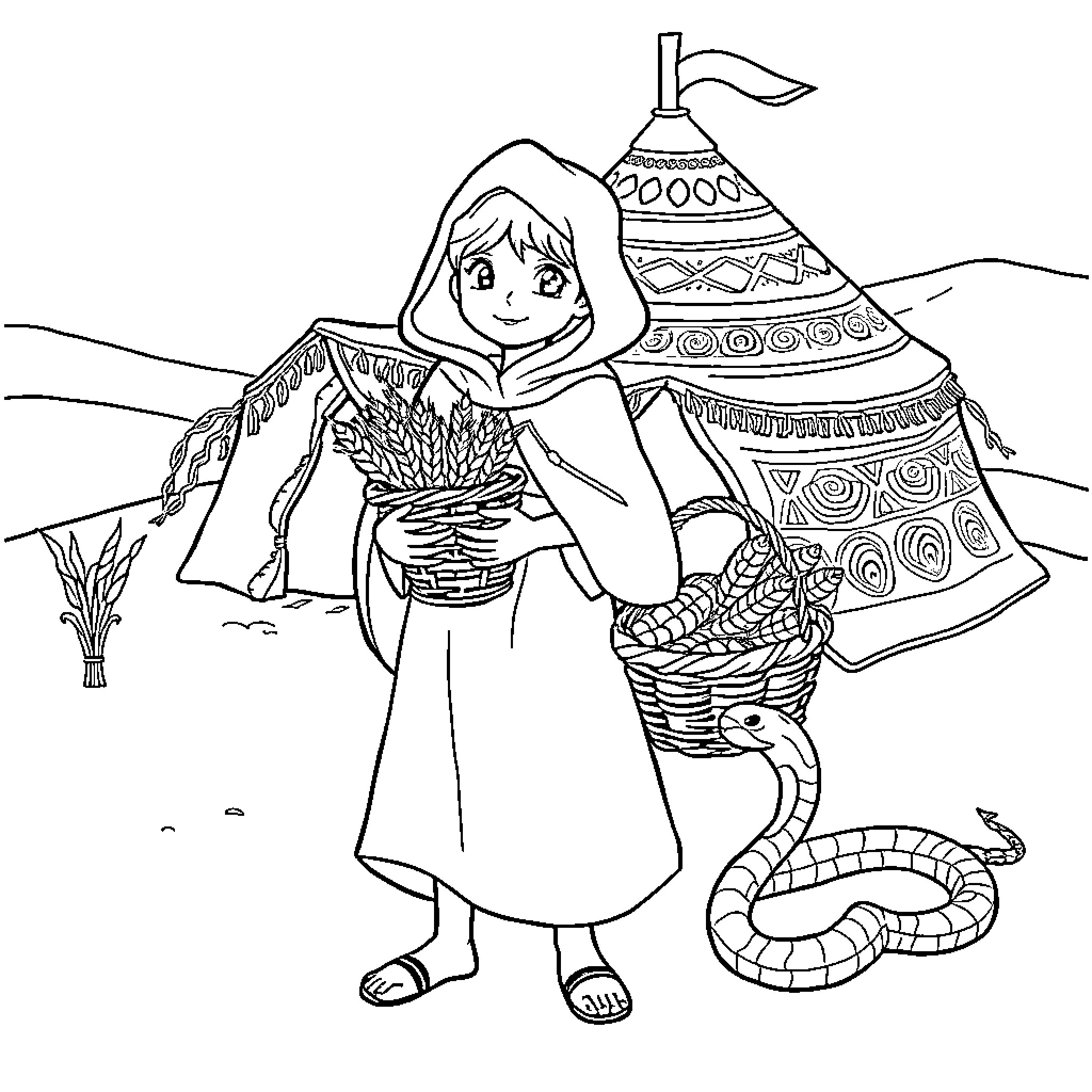 Little Yellow Riding Hood's Adventure in the Snowy Landscape Coloring Page (free black-and-white line drawing printable PDF for all, from beginners to advanced learners, including children, teens, adults, and seniors)