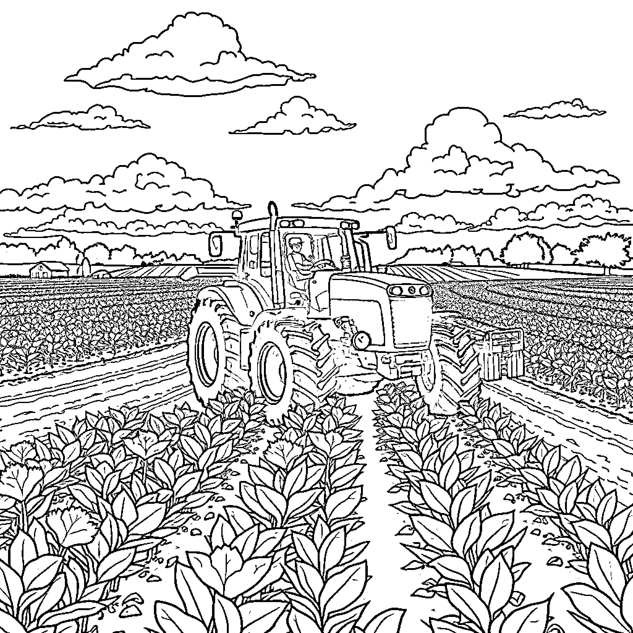 Farm Tractor Plowing a Lush Countryside Coloring Page (free black-and-white line drawing printable PDF for all, from beginners to advanced learners, including children, teens, adults, and seniors)
