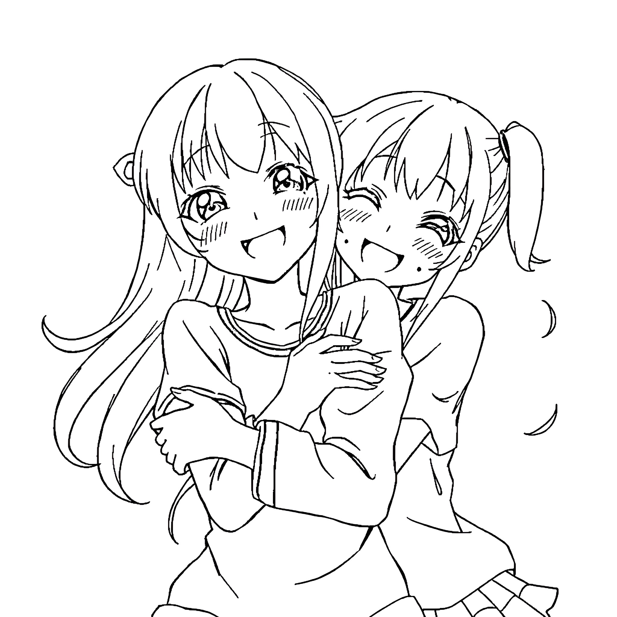 Anime Girls Hugging Affectionately Coloring Page (free black-and-white line drawing printable PDF for all, from beginners to advanced learners, including children, teens, adults, and seniors)