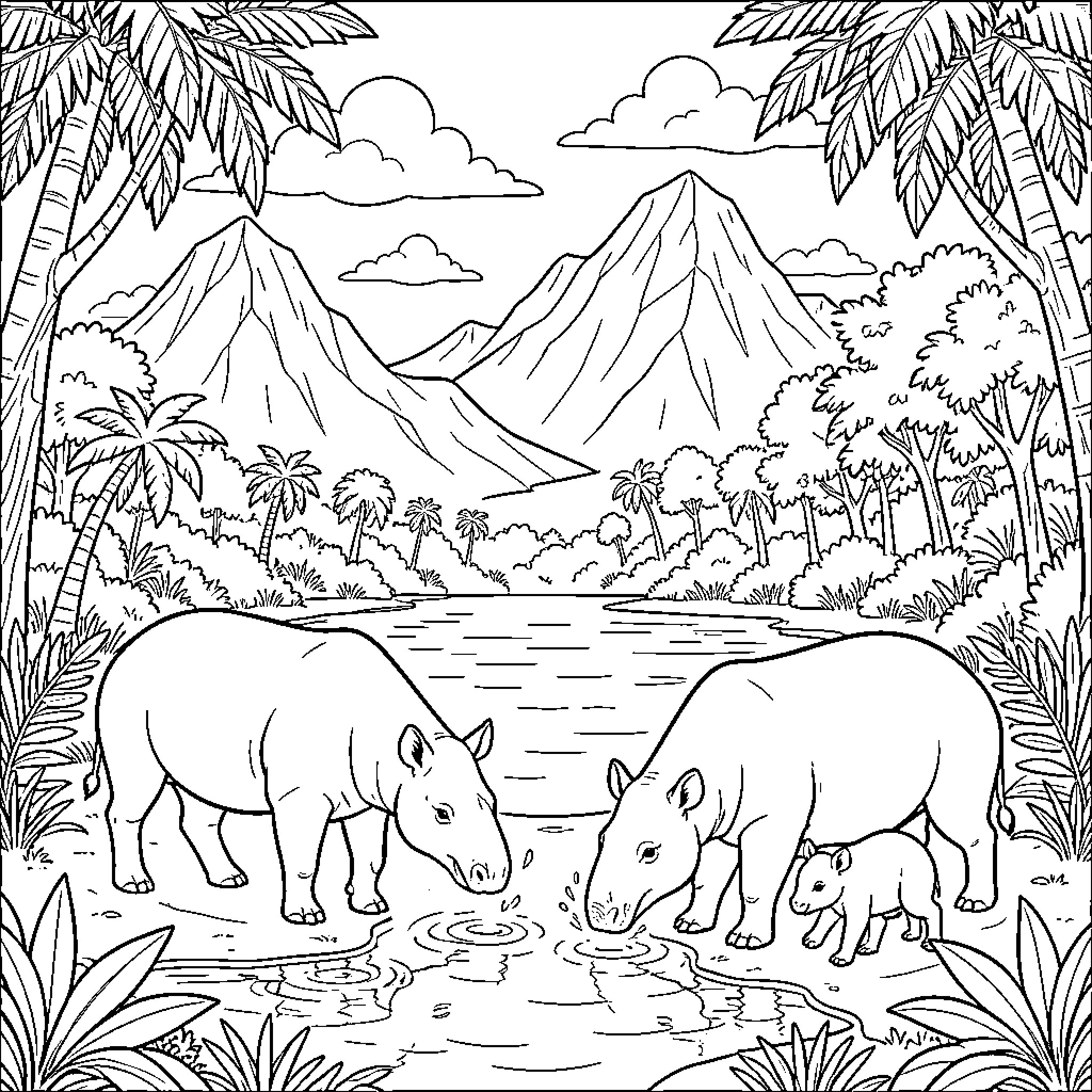 Tapirs enjoying the peaceful jungle landscape Coloring Page (free black-and-white line drawing printable PDF for all, from beginners to advanced learners, including children, teens, adults, and seniors)