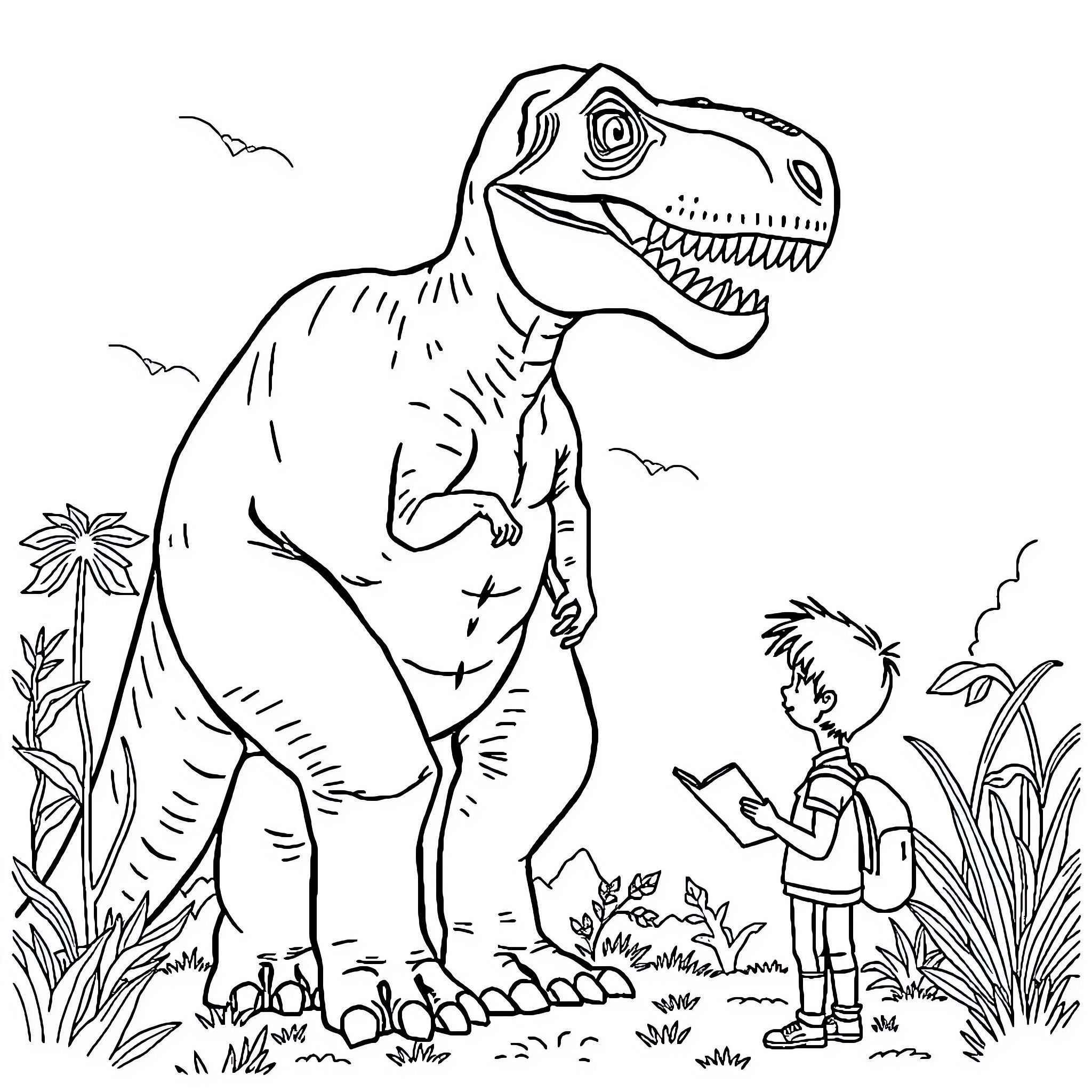 Dinosaur roaring at a young explorer in nature Coloring Page (free black-and-white line drawing printable PDF for all, from beginners to advanced learners, including children, teens, adults, and seniors)