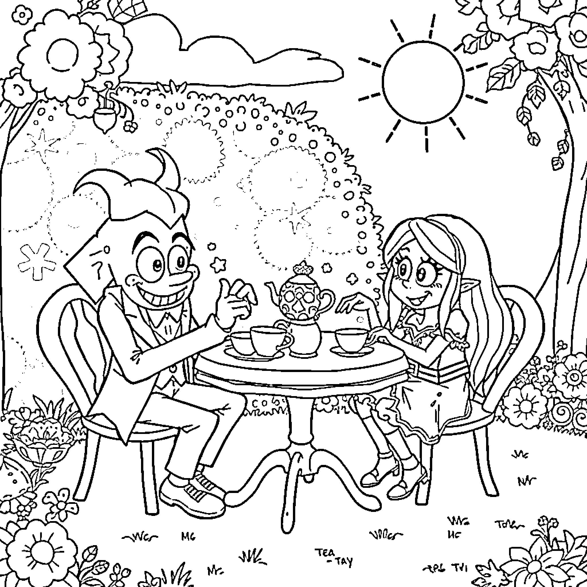 Joker and friends enjoying a tea party in a floral garden Coloring Page (free black-and-white line drawing printable PDF for all, from beginners to advanced learners, including children, teens, adults, and seniors)