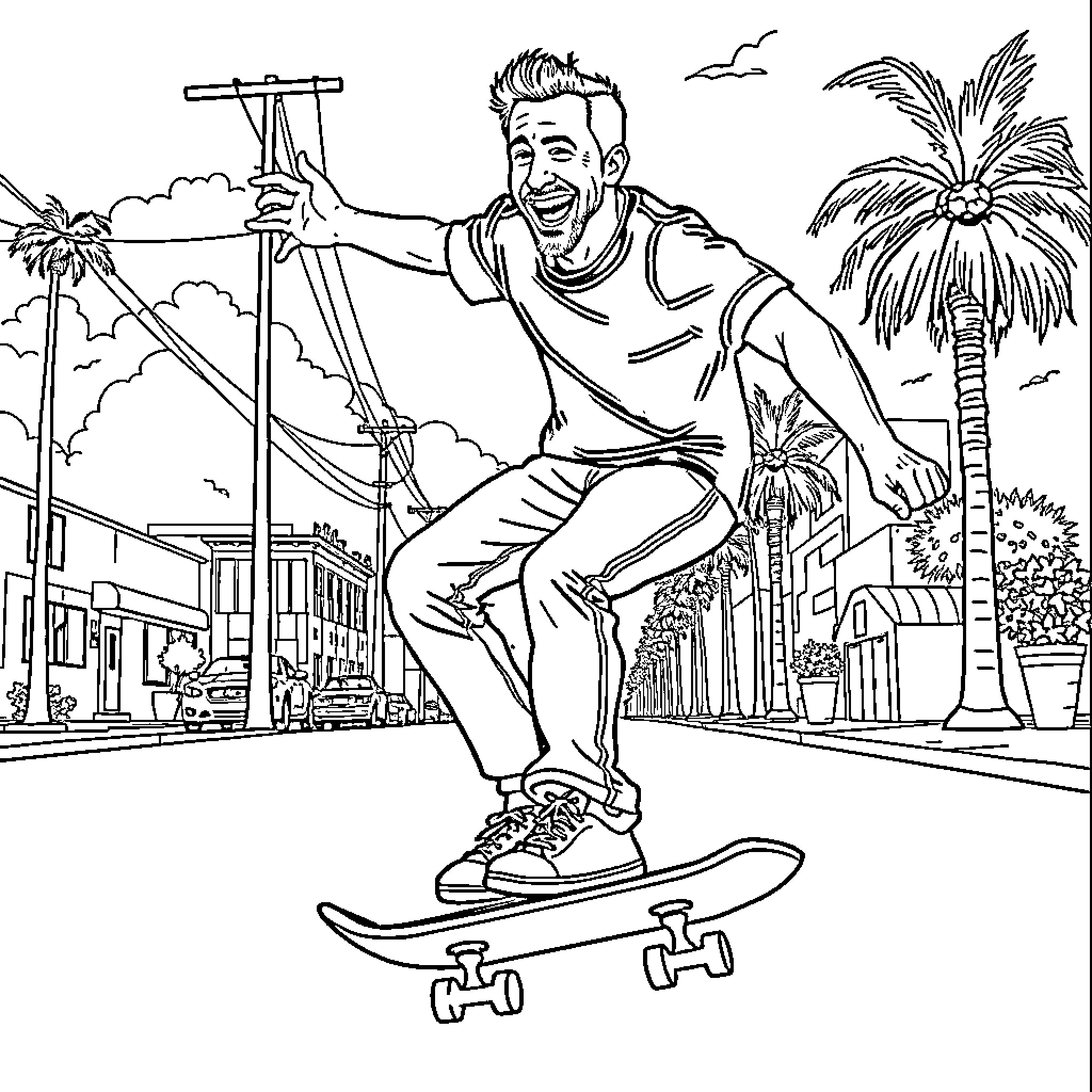 Adam Sandler skateboarding through a tropical city Coloring Page (free black-and-white line drawing printable PDF for all, from beginners to advanced learners, including children, teens, adults, and seniors)