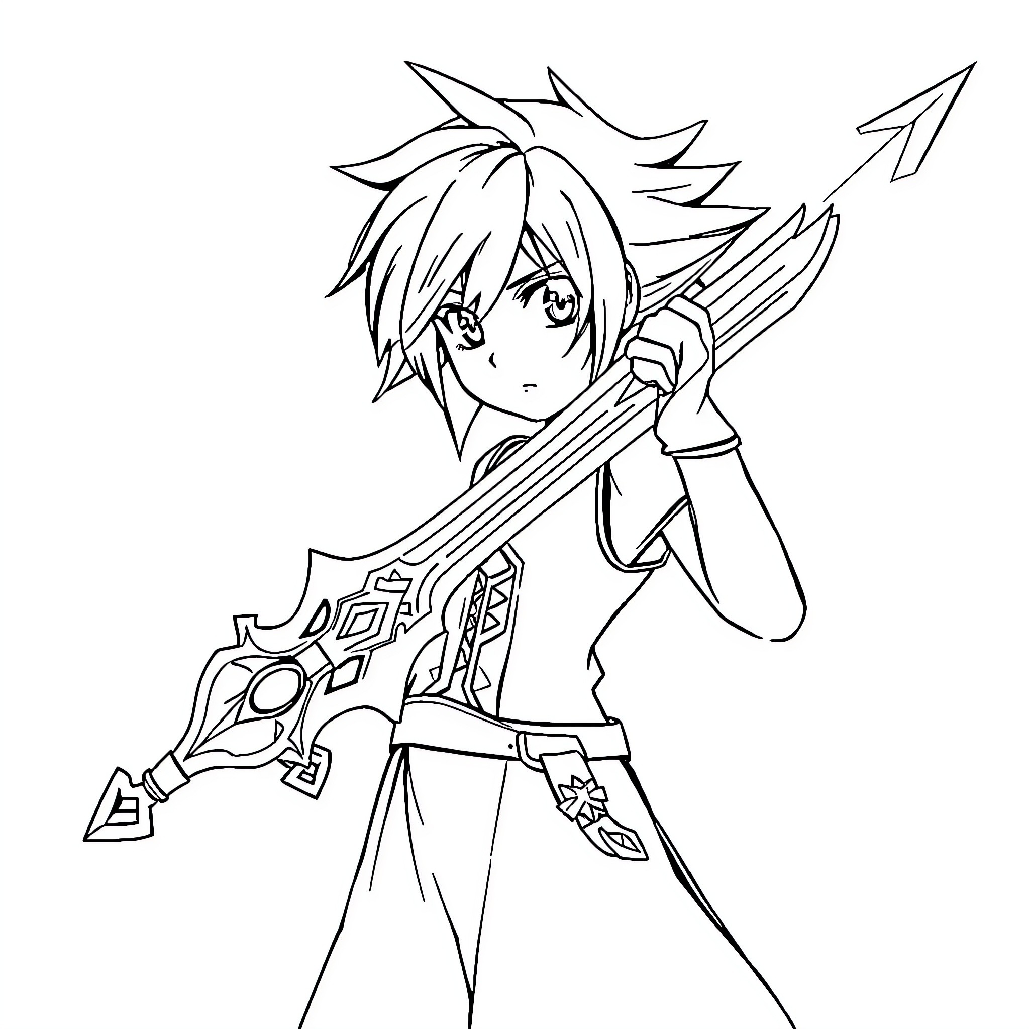 Keyblade wielder in action Coloring Page (free black-and-white line drawing printable PDF for all, from beginners to advanced learners, including children, teens, adults, and seniors)