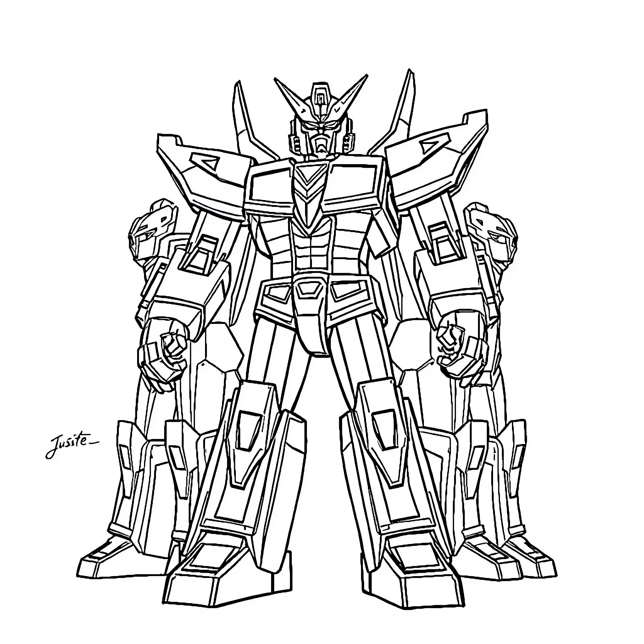 Voltron Mecha Warrior in Heroic Pose Coloring Page (free black-and-white line drawing printable PDF for all, from beginners to advanced learners, including children, teens, adults, and seniors)