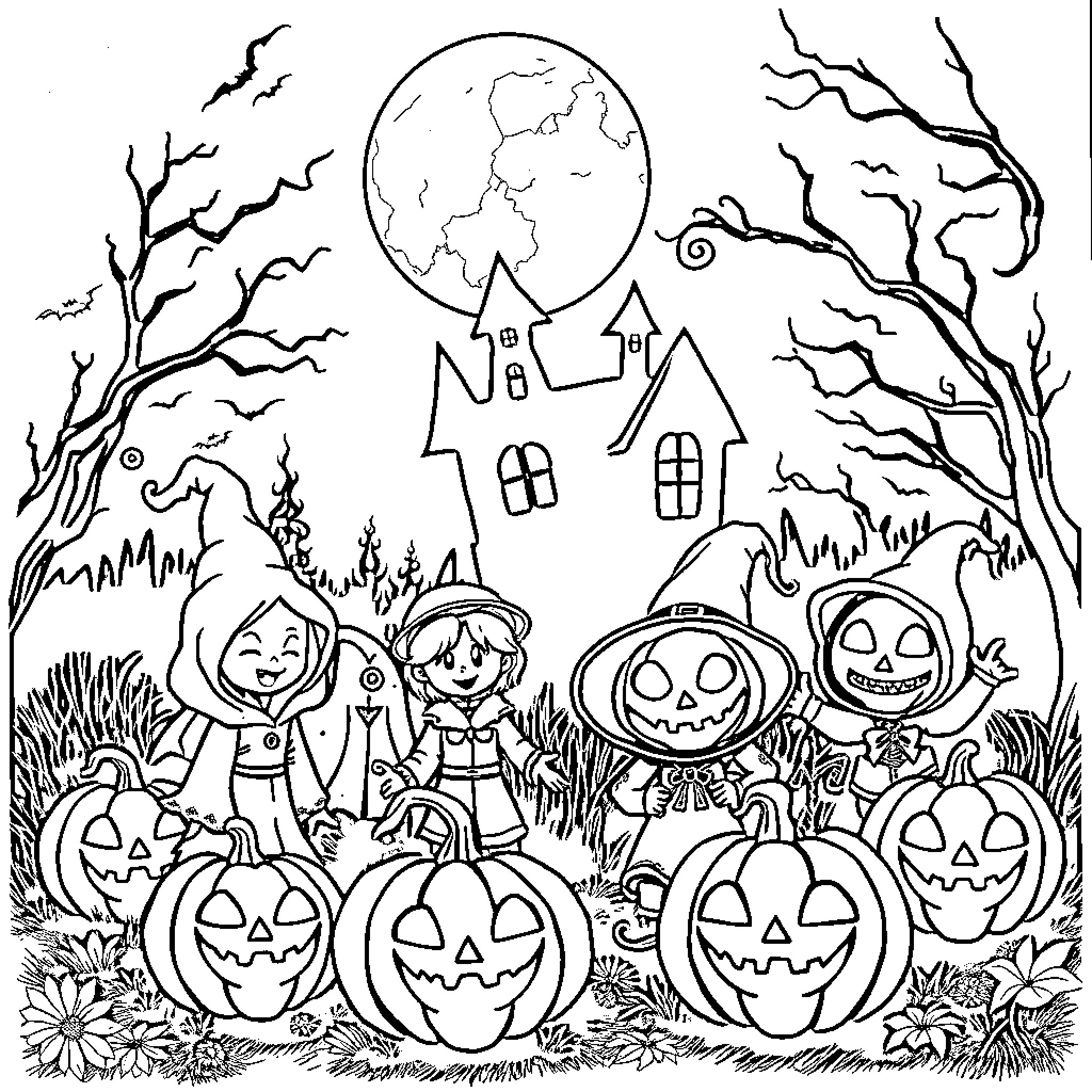 Halloween Trick-or-Treating with Costumed Characters Coloring Page (free black-and-white line drawing printable PDF for all, from beginners to advanced learners, including children, teens, adults, and seniors)