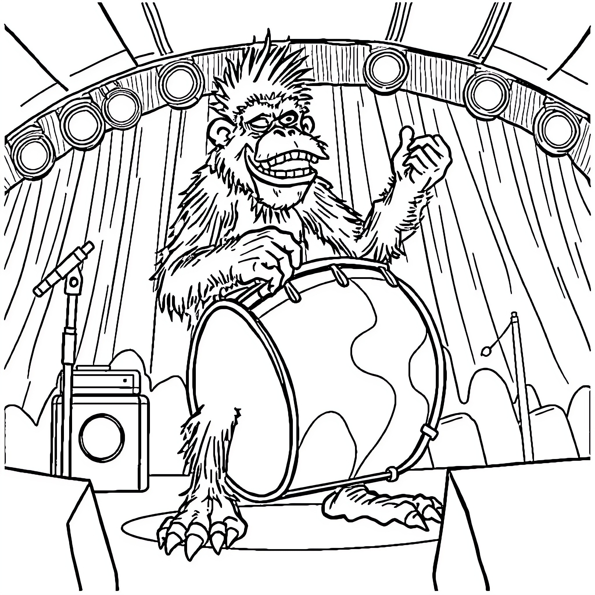 2-D Furry Musician Drumming on Stage Coloring Page (free black-and-white line drawing printable PDF for all, from beginners to advanced learners, including children, teens, adults, and seniors)