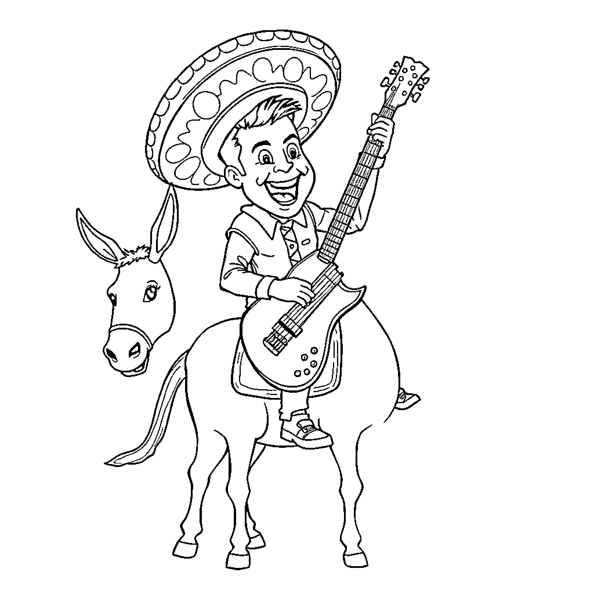 Matt Willis playing guitar on a donkey in a mariachi outfit Coloring Page (free black-and-white line drawing printable PDF for all, from beginners to advanced learners, including children, teens, adults, and seniors)