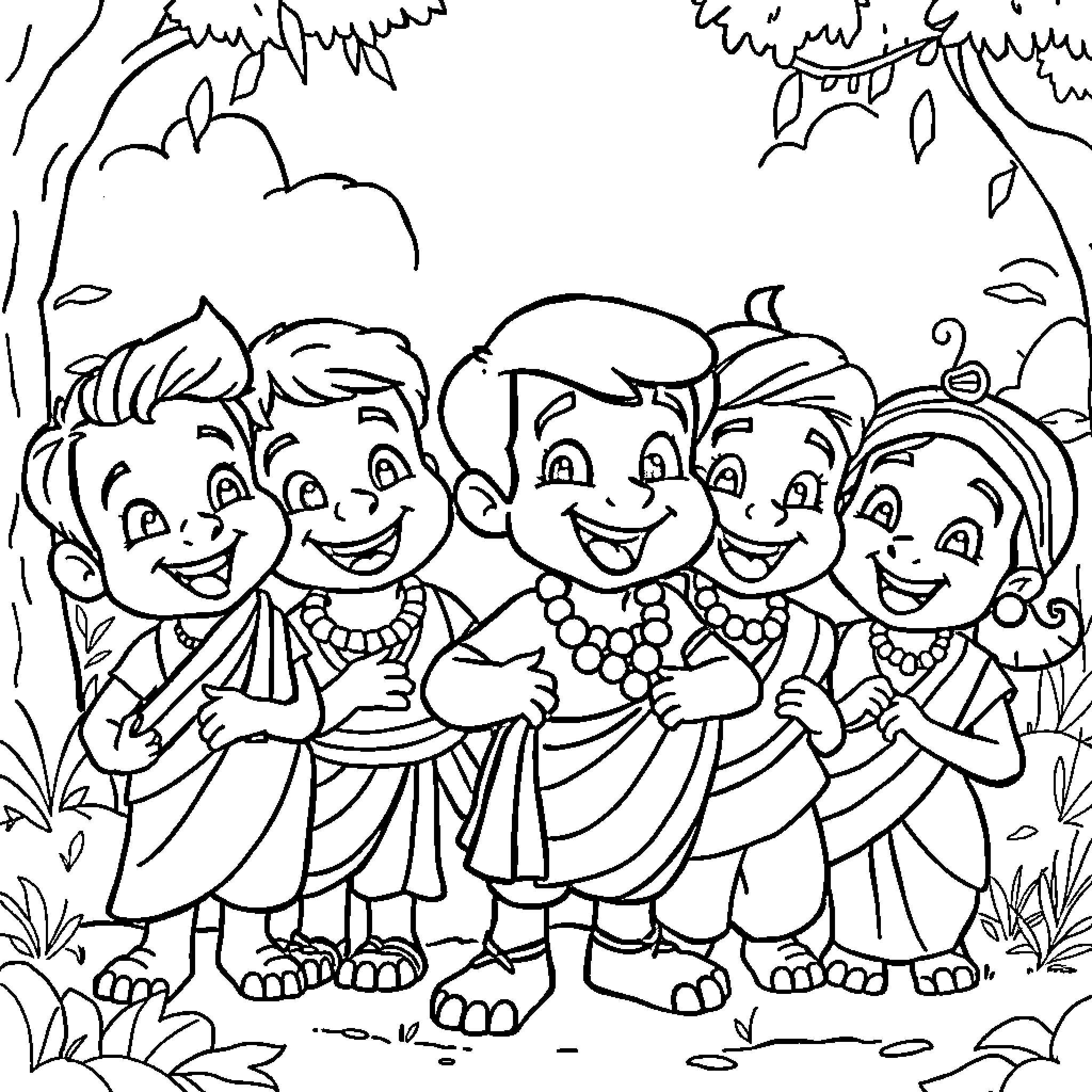 Chota Bheem and friends in joyous celebration Coloring Page (free black-and-white line drawing printable PDF for all, from beginners to advanced learners, including children, teens, adults, and seniors)