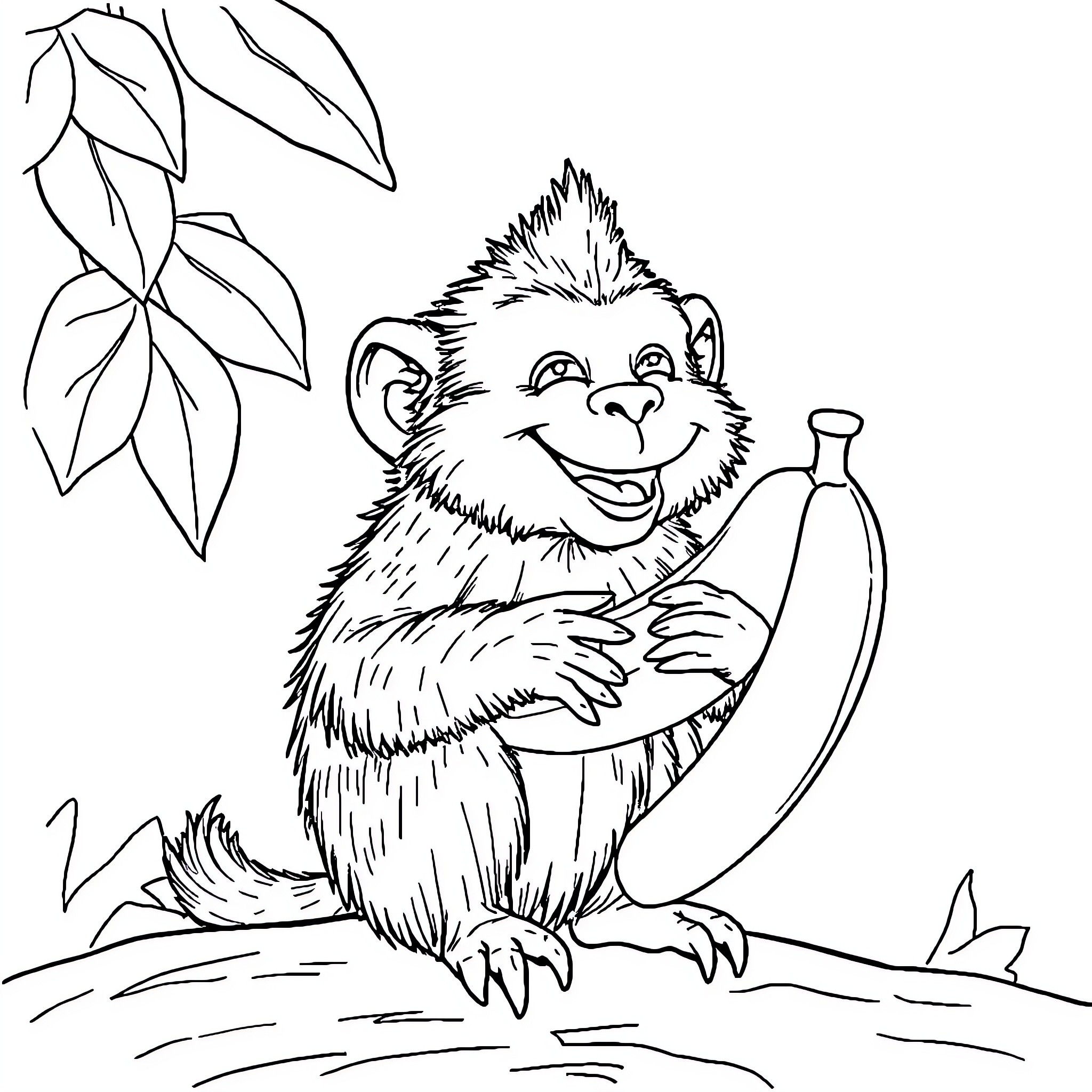Monkey enjoying a banana in the jungle Coloring Page (free black-and-white line drawing printable PDF for all, from beginners to advanced learners, including children, teens, adults, and seniors)