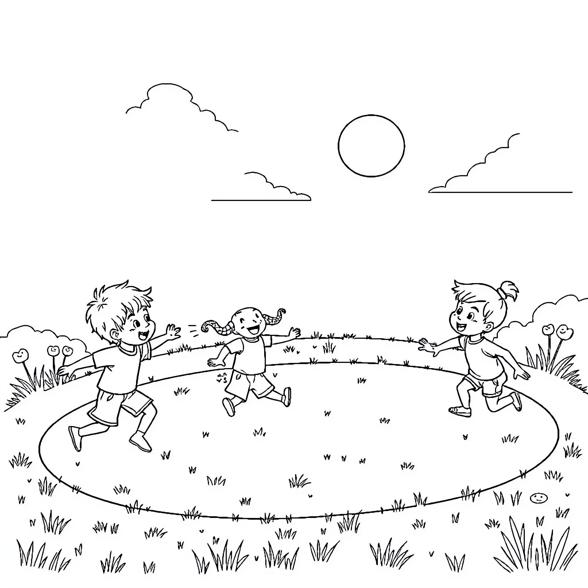 Tiggy and friends playing joyfully in the meadow Coloring Page (free black-and-white line drawing printable PDF for all, from beginners to advanced learners, including children, teens, adults, and seniors)