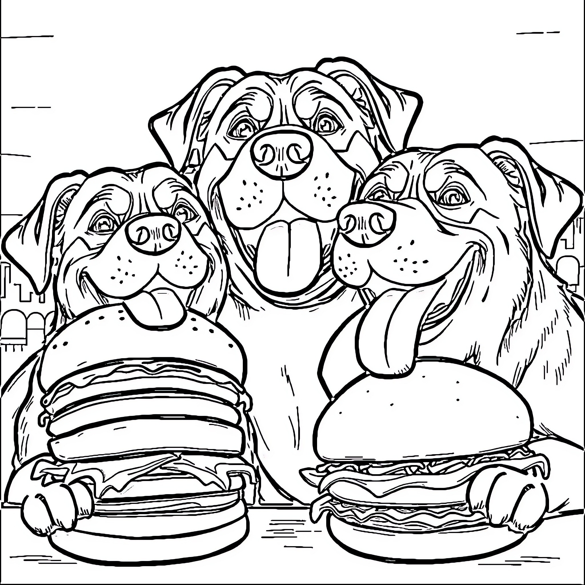 Dog friends enjoy tasty burgers Coloring Page (free black-and-white line drawing printable PDF for all, from beginners to advanced learners, including children, teens, adults, and seniors)