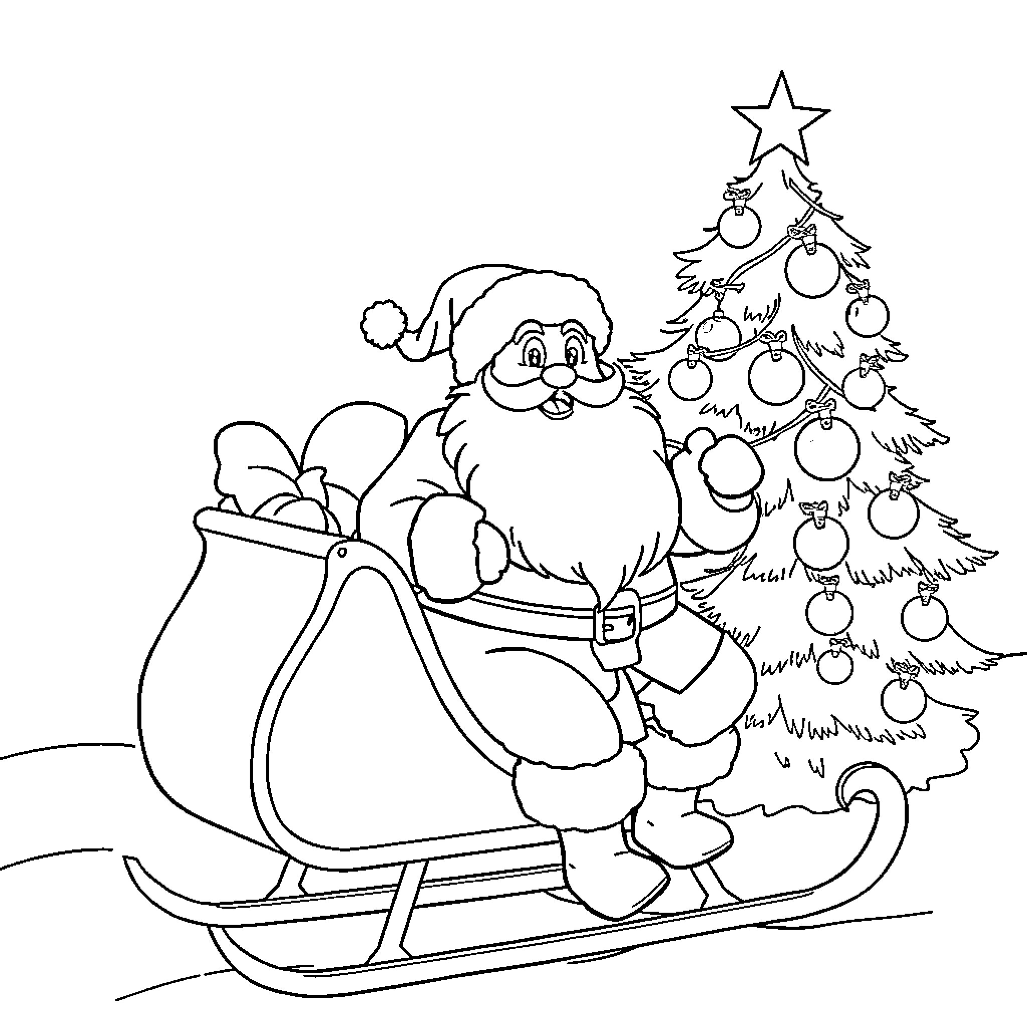 Santa riding a sled with a Christmas tree Coloring Page (free black-and-white line drawing printable PDF for all, from beginners to advanced learners, including children, teens, adults, and seniors)
