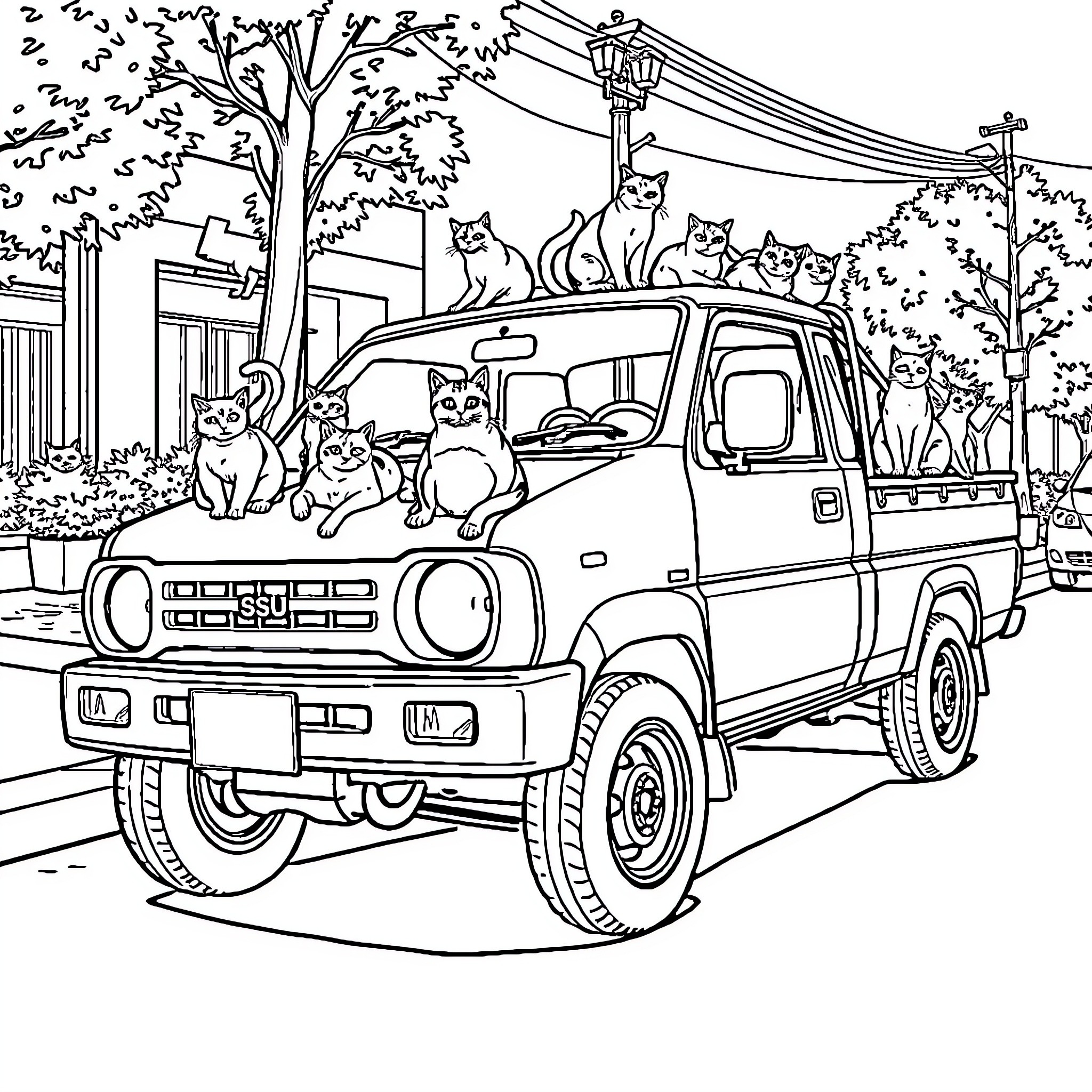Daihatsu HiJet with friendly cats on the roof Coloring Page (free black-and-white line drawing printable PDF for all, from beginners to advanced learners, including children, teens, adults, and seniors)