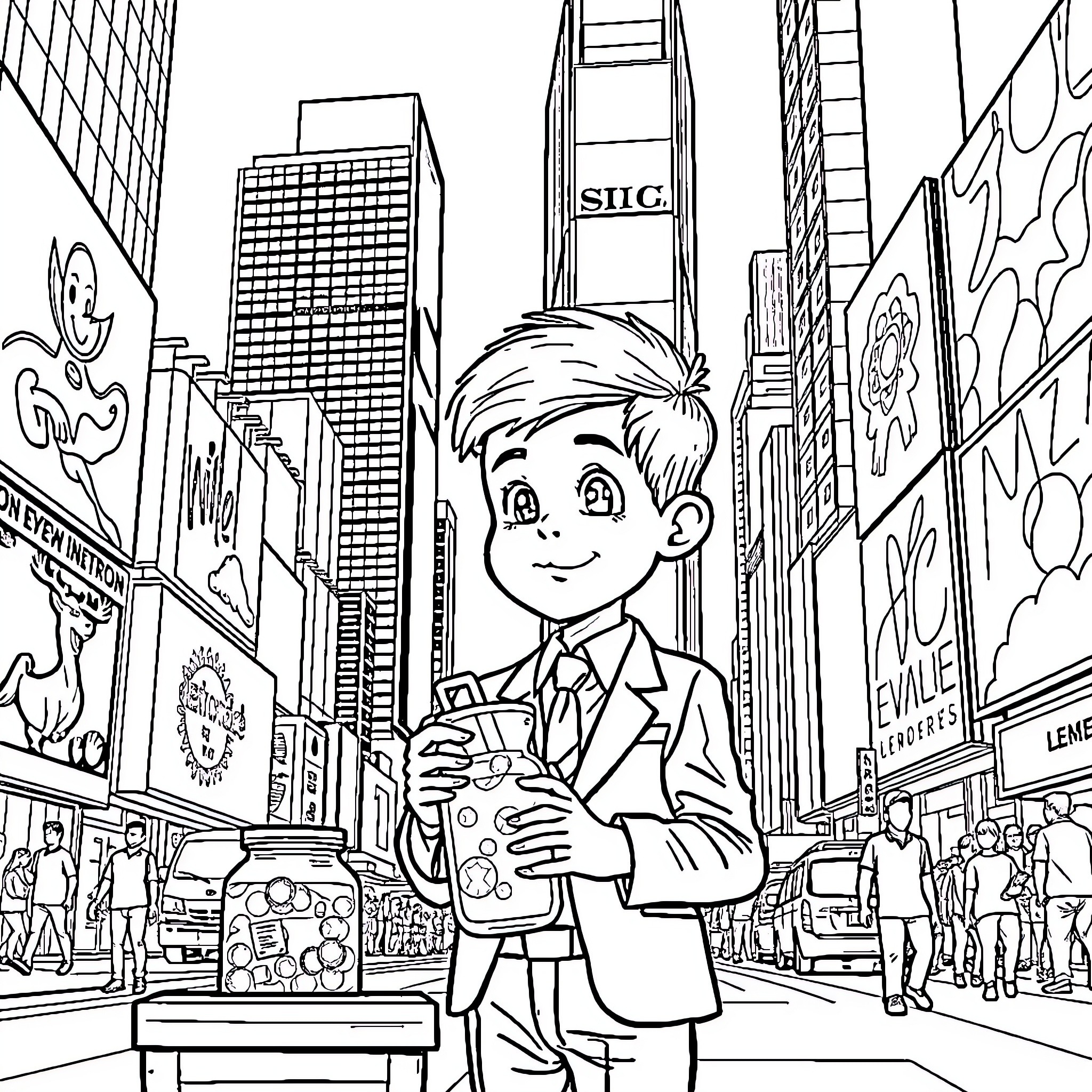 Kid explores bustling city street with skyscrapers Coloring Page (free black-and-white line drawing printable PDF for all, from beginners to advanced learners, including children, teens, adults, and seniors)