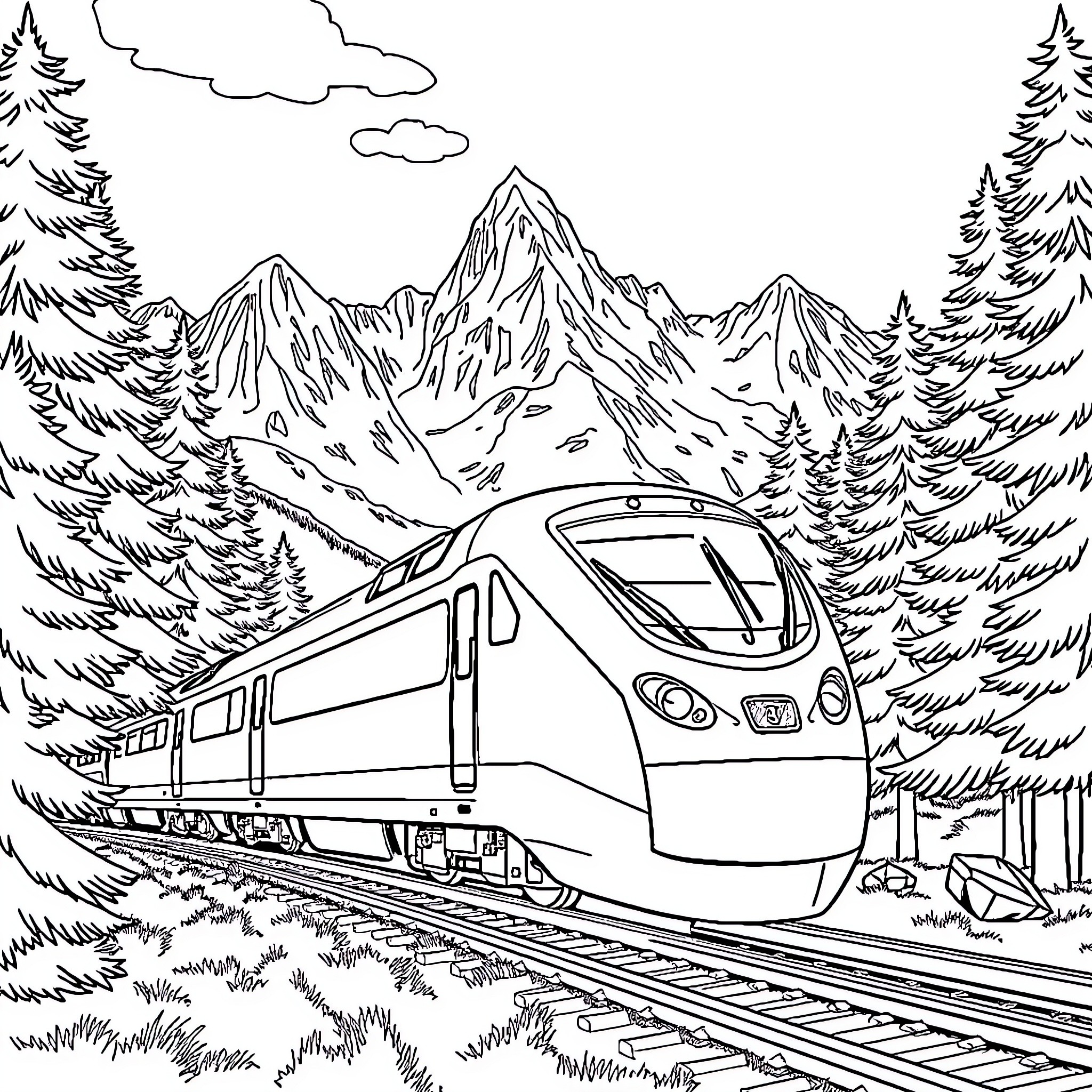 Train traveling through scenic mountainous landscape Coloring Page (free black-and-white line drawing printable PDF for all, from beginners to advanced learners, including children, teens, adults, and seniors)