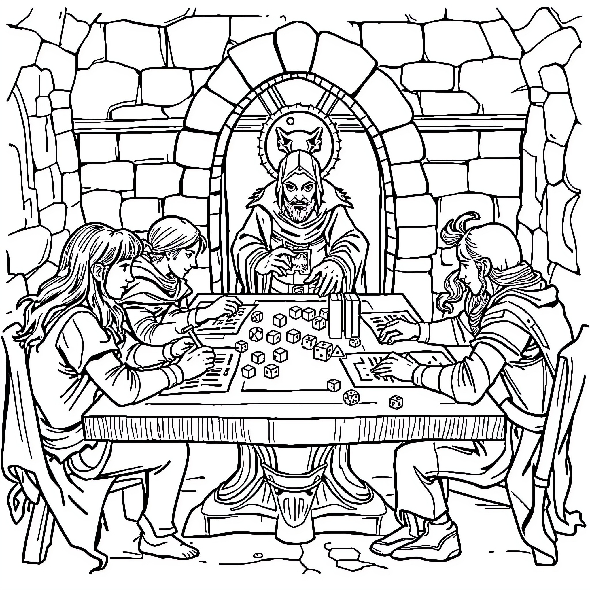 Dungeon Dwellers Playing a Tabletop Game Coloring Page (free black-and-white line drawing printable PDF for all, from beginners to advanced learners, including children, teens, adults, and seniors)