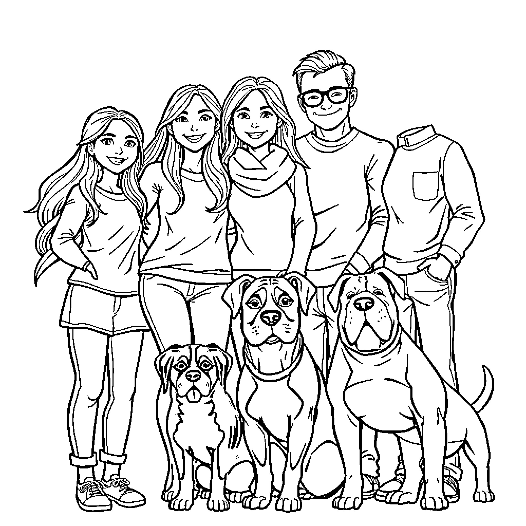 Family posing with beloved pets Coloring Page (free black-and-white line drawing printable PDF for all, from beginners to advanced learners, including children, teens, adults, and seniors)
