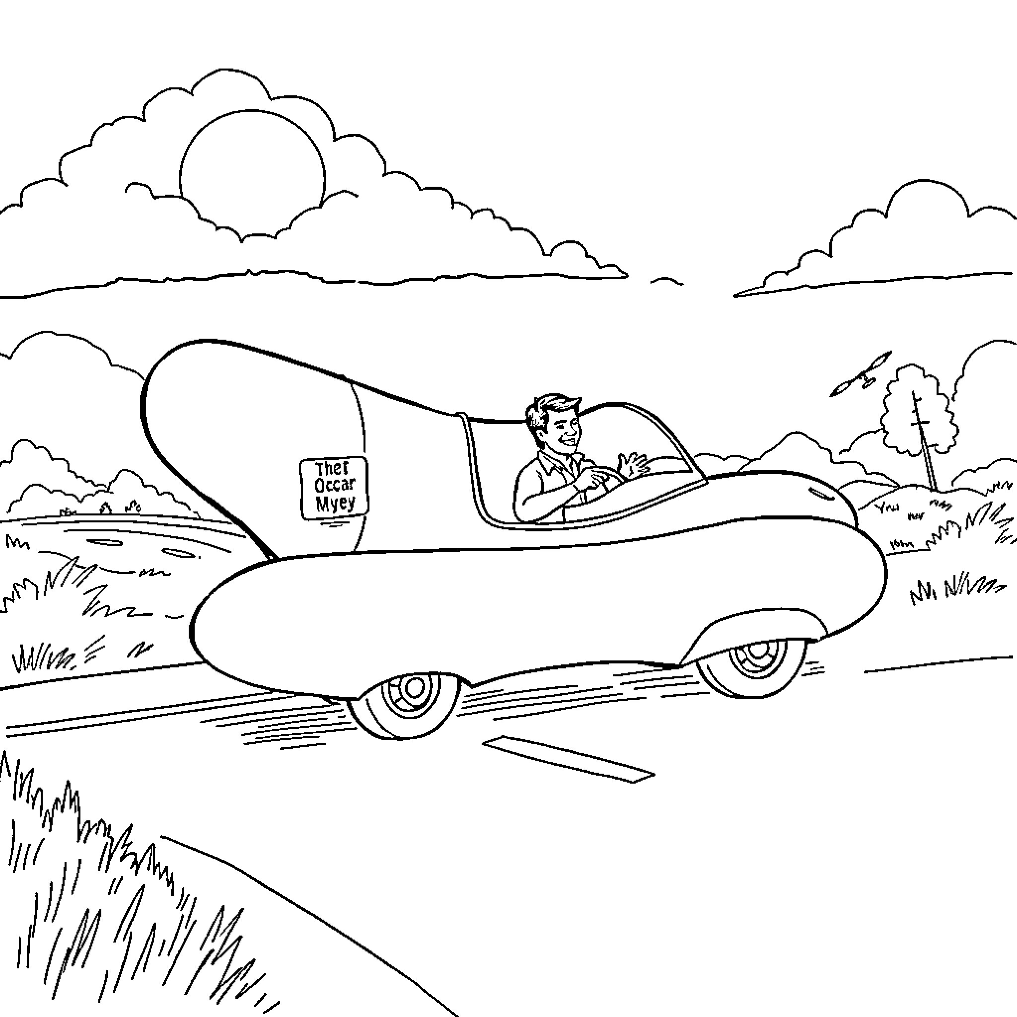 Tom Cruise Driving His Futuristic Vehicle on the Open Road Coloring Page (free black-and-white line drawing printable PDF for all, from beginners to advanced learners, including children, teens, adults, and seniors)