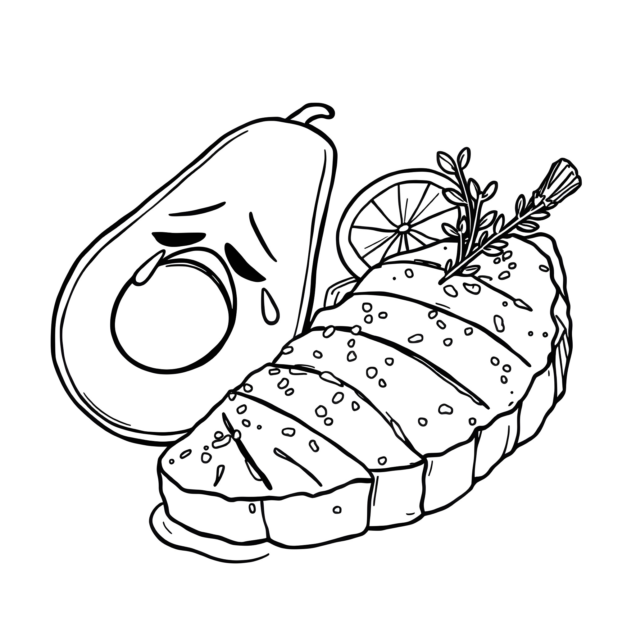 Avocado slices with decorative garnish Coloring Page (free black-and-white line drawing printable PDF for all, from beginners to advanced learners, including children, teens, adults, and seniors)
