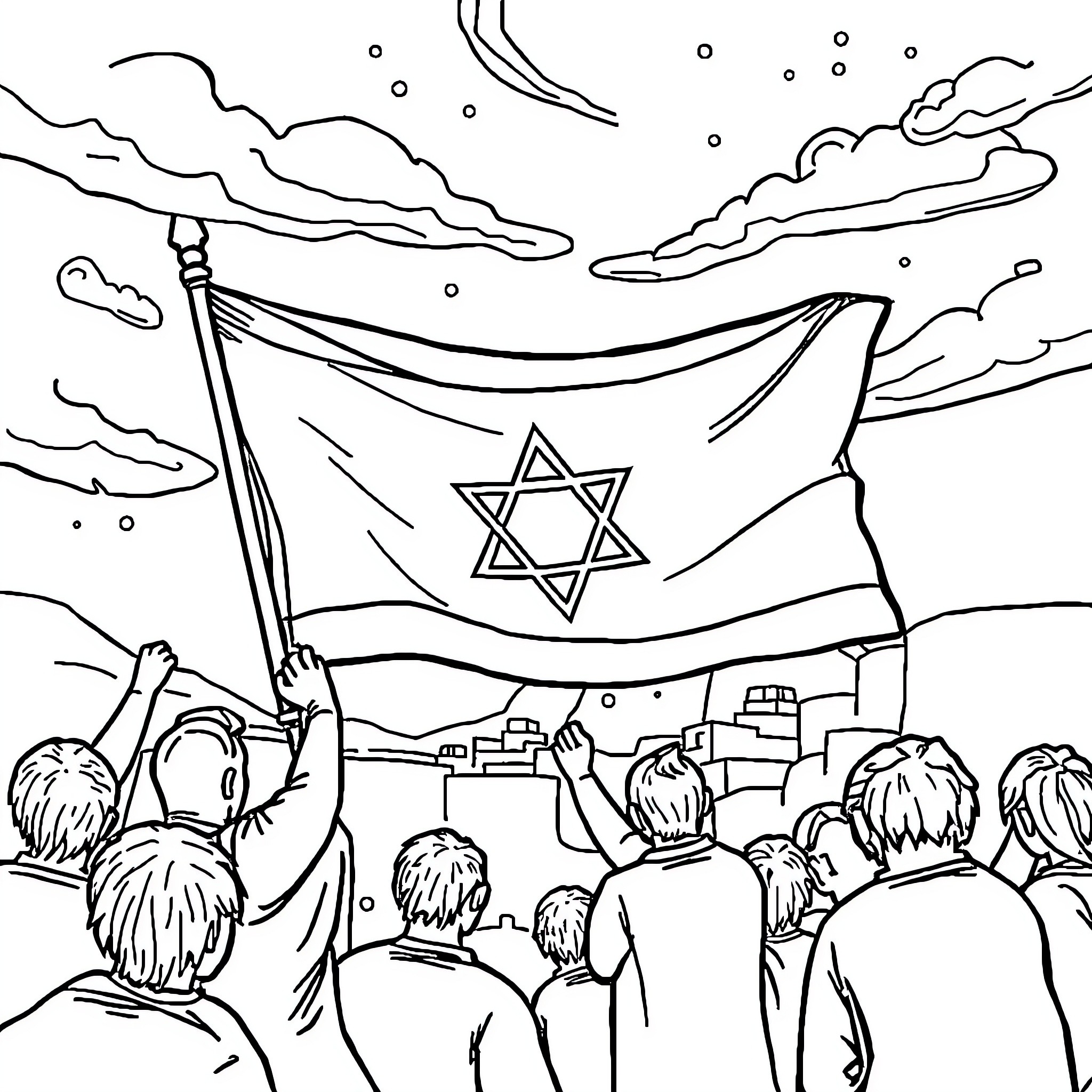 Israel's patriotic crowd holding national flag Coloring Page (free black-and-white line drawing printable PDF for all, from beginners to advanced learners, including children, teens, adults, and seniors)