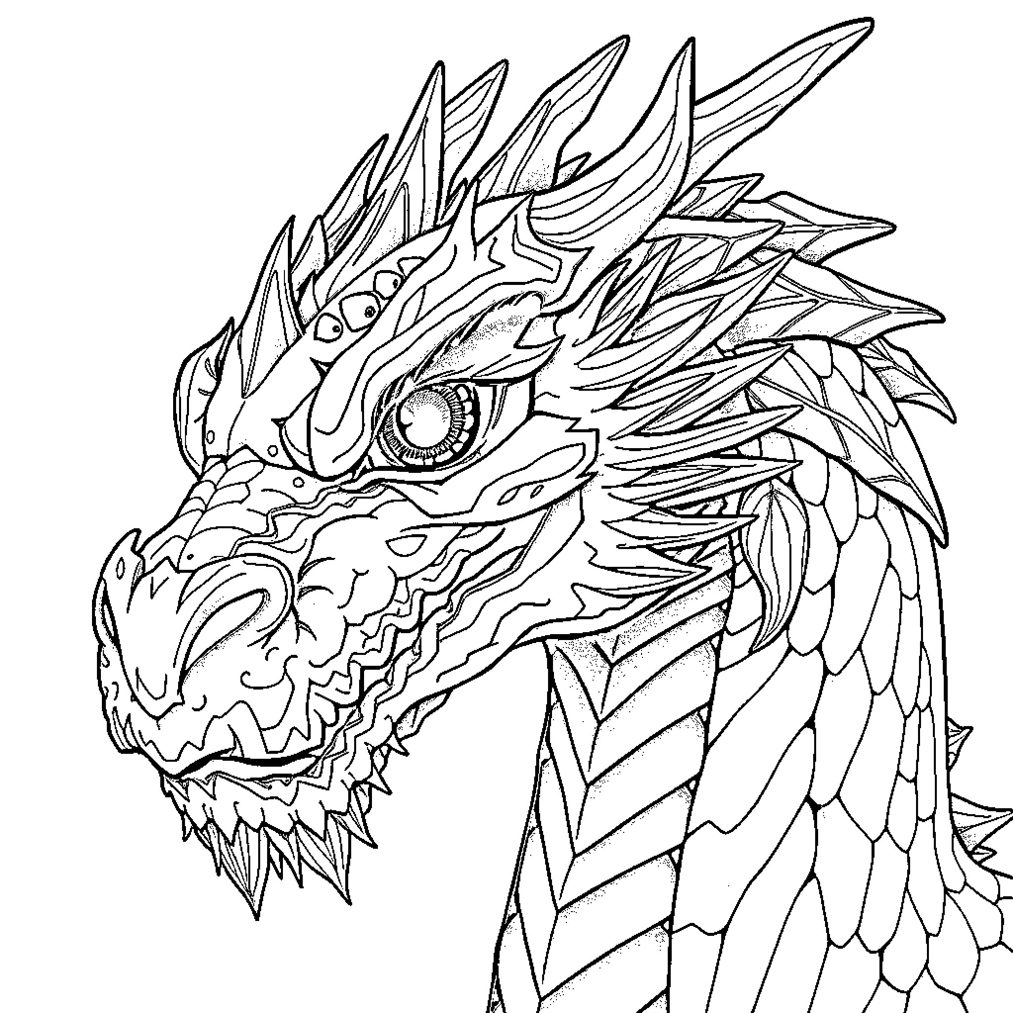 Dragon with Fierce Expression and Intricate Scales Coloring Page (free black-and-white line drawing printable PDF for all, from beginners to advanced learners, including children, teens, adults, and seniors)
