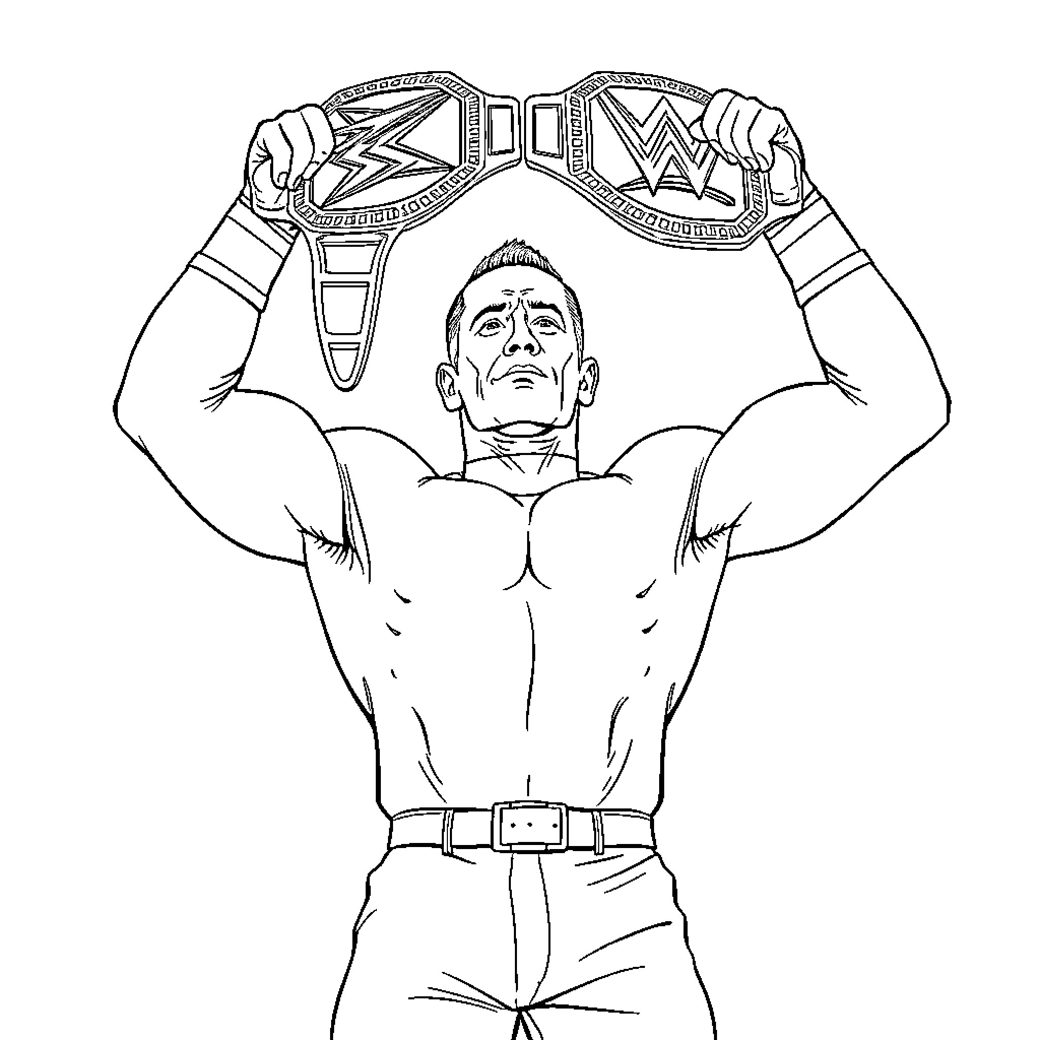 John Cena showcases championship belt with confidence Coloring Page (free black-and-white line drawing printable PDF for all, from beginners to advanced learners, including children, teens, adults, and seniors)