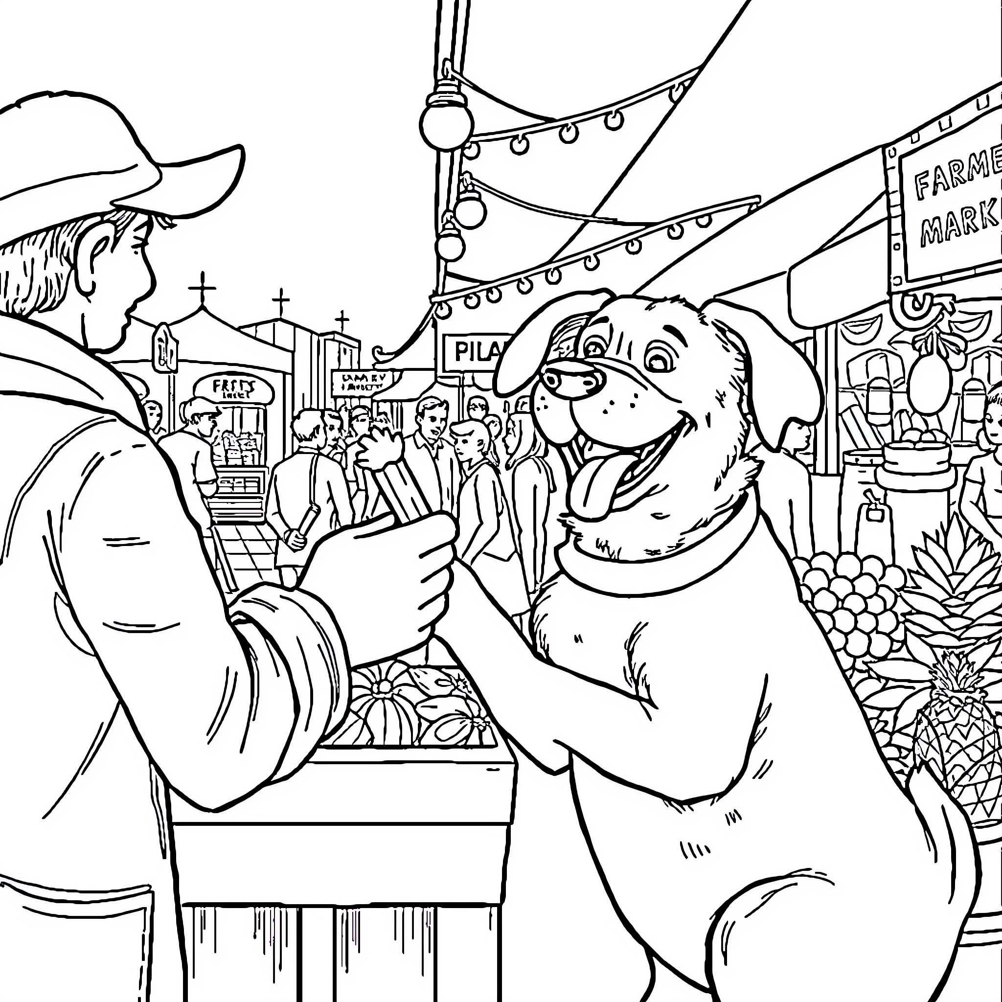 Dog at the Farmer's Market enjoying the lively scene Coloring Page (free black-and-white line drawing printable PDF for all, from beginners to advanced learners, including children, teens, adults, and seniors)