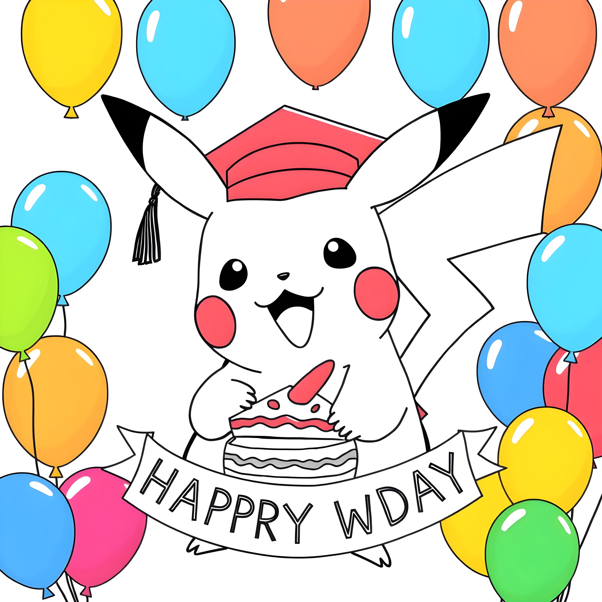 Pikachu celebrates Happy Birthday with balloons and cake Coloring Page (free black-and-white line drawing printable PDF for all, from beginners to advanced learners, including children, teens, adults, and seniors)