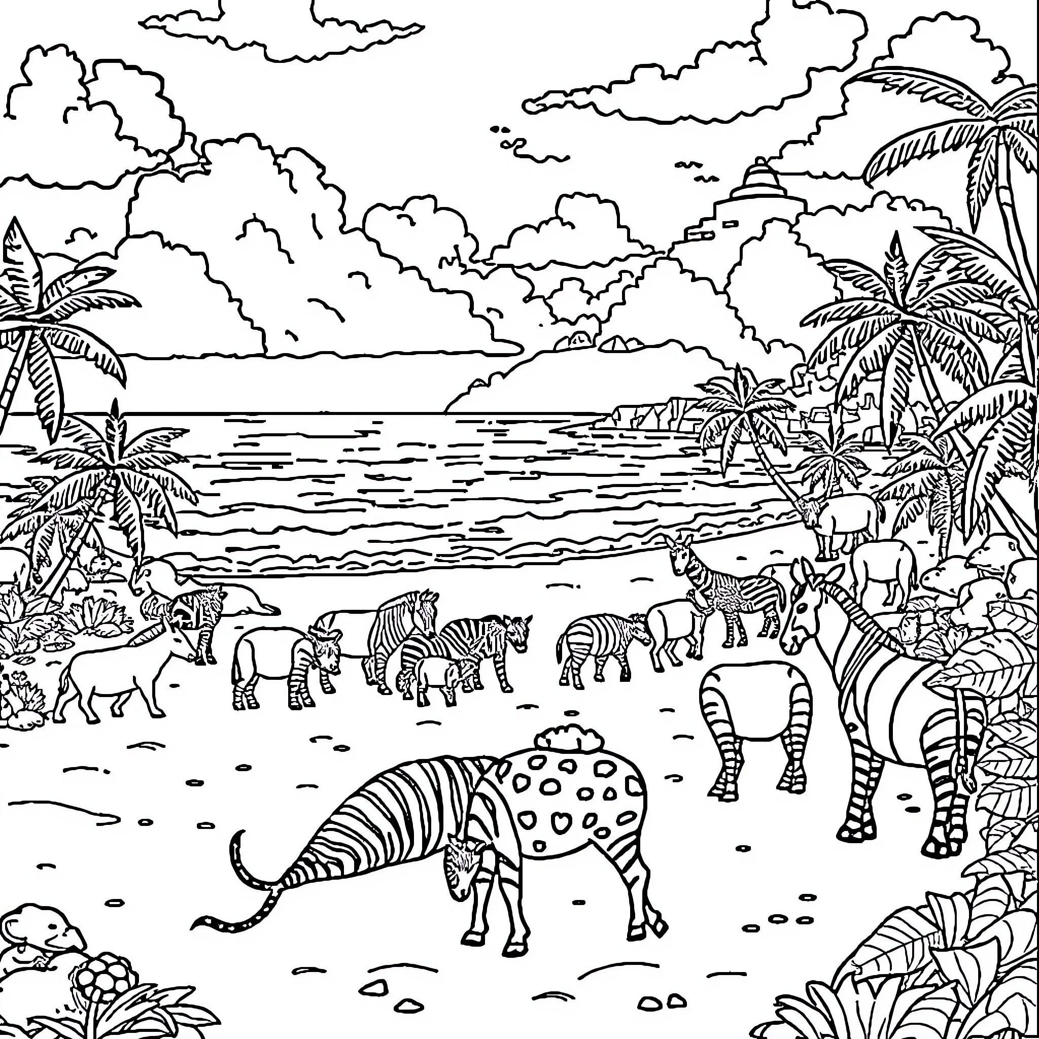 Animal scene with tropical wildlife and landscape Coloring Page (free black-and-white line drawing printable PDF for all, from beginners to advanced learners, including children, teens, adults, and seniors)