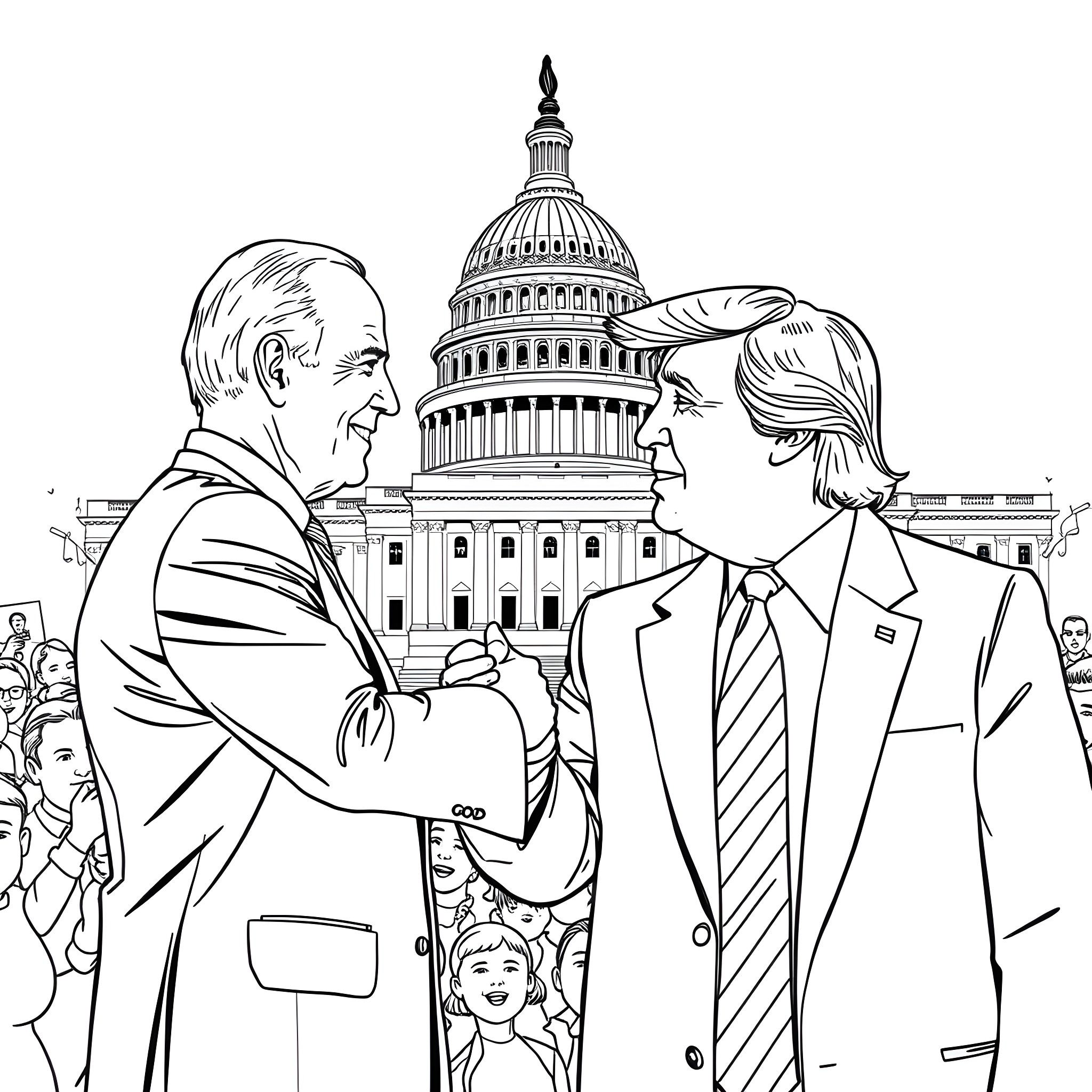 Politician Shake Hands in Front of Capitol Building Coloring Page (free black-and-white line drawing printable PDF for all, from beginners to advanced learners, including children, teens, adults, and seniors)