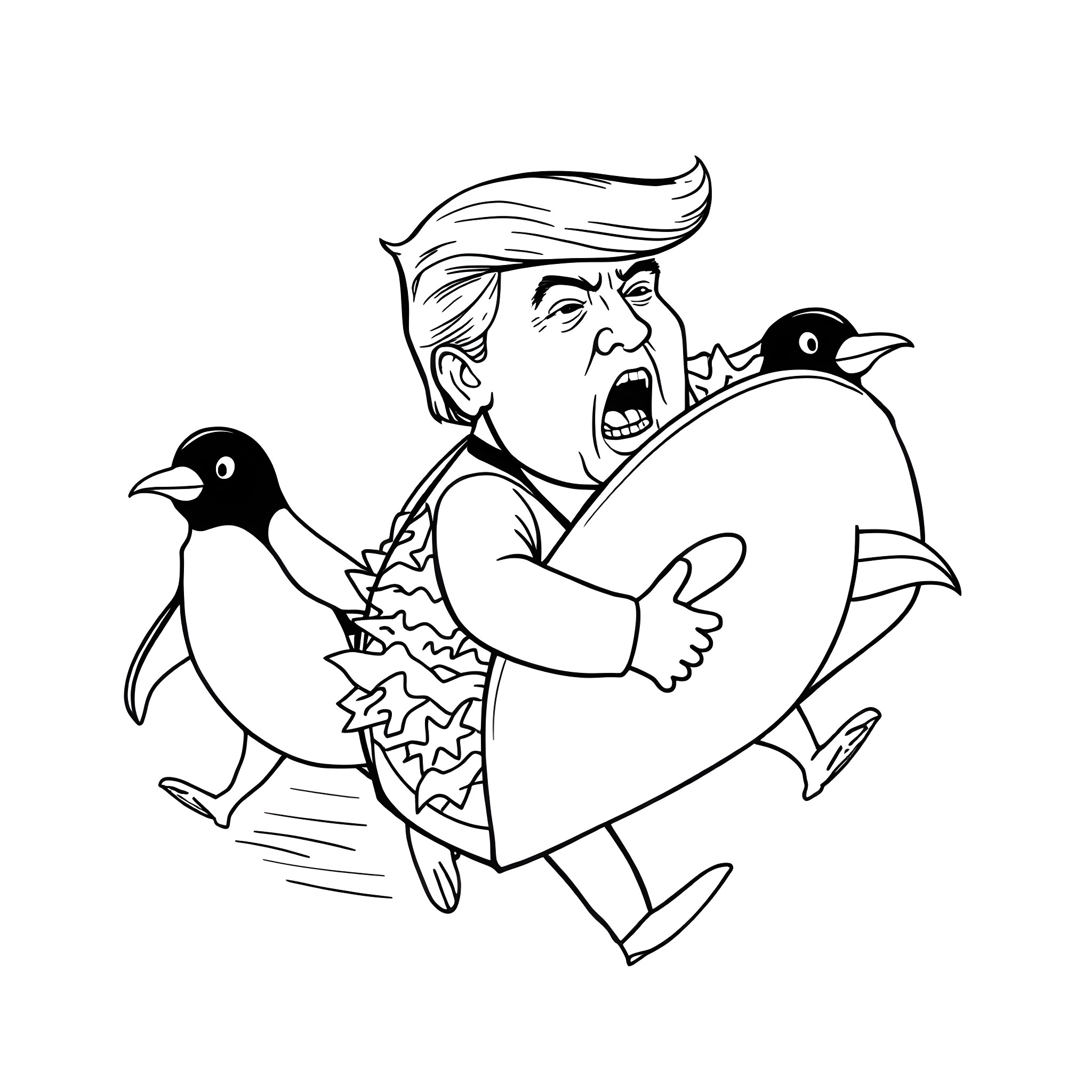 Donald Trump angrily embracing penguins Coloring Page (free black-and-white line drawing printable PDF for all, from beginners to advanced learners, including children, teens, adults, and seniors)
