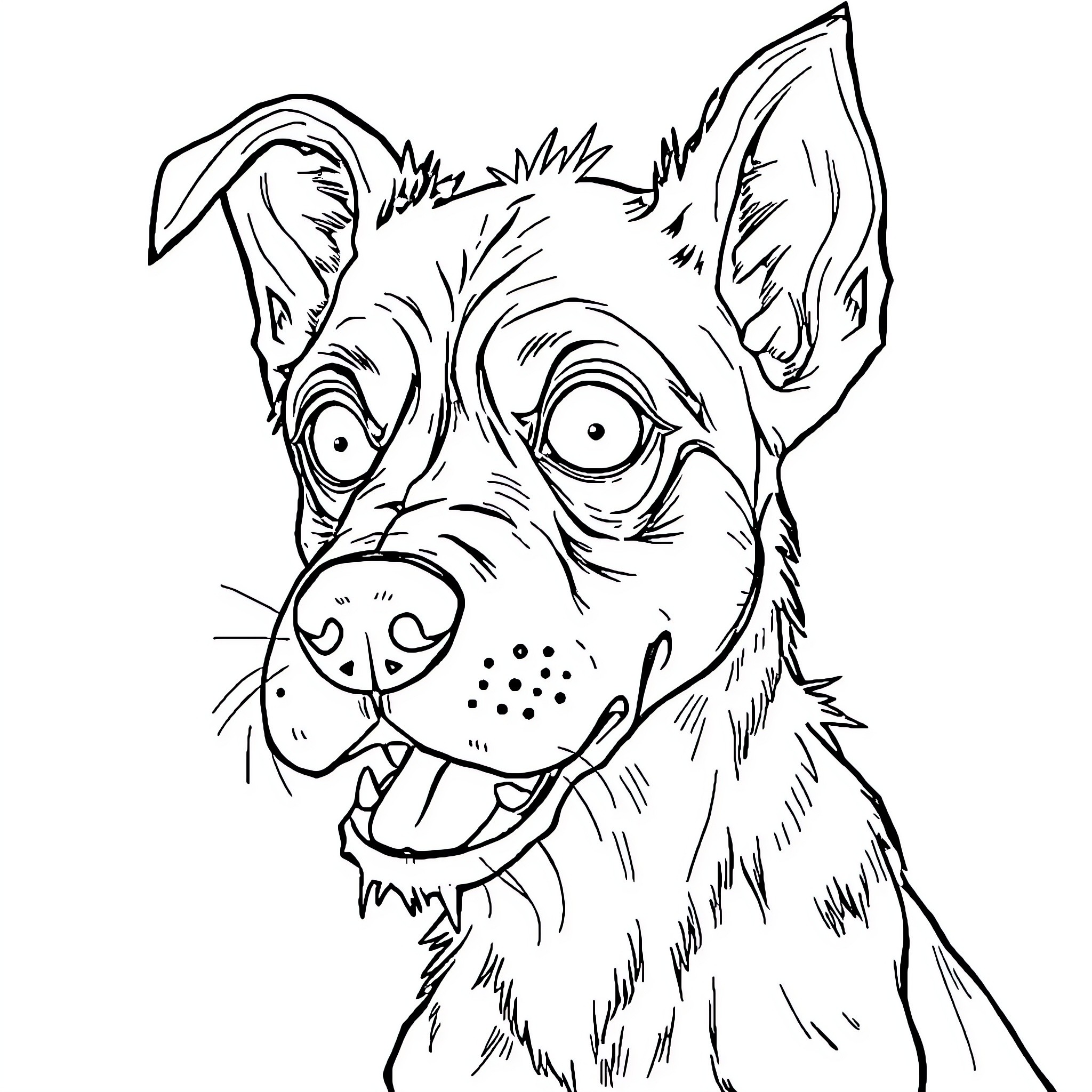 Zombie Dog Baring Teeth with Intense Expression Coloring Page (free black-and-white line drawing printable PDF for all, from beginners to advanced learners, including children, teens, adults, and seniors)
