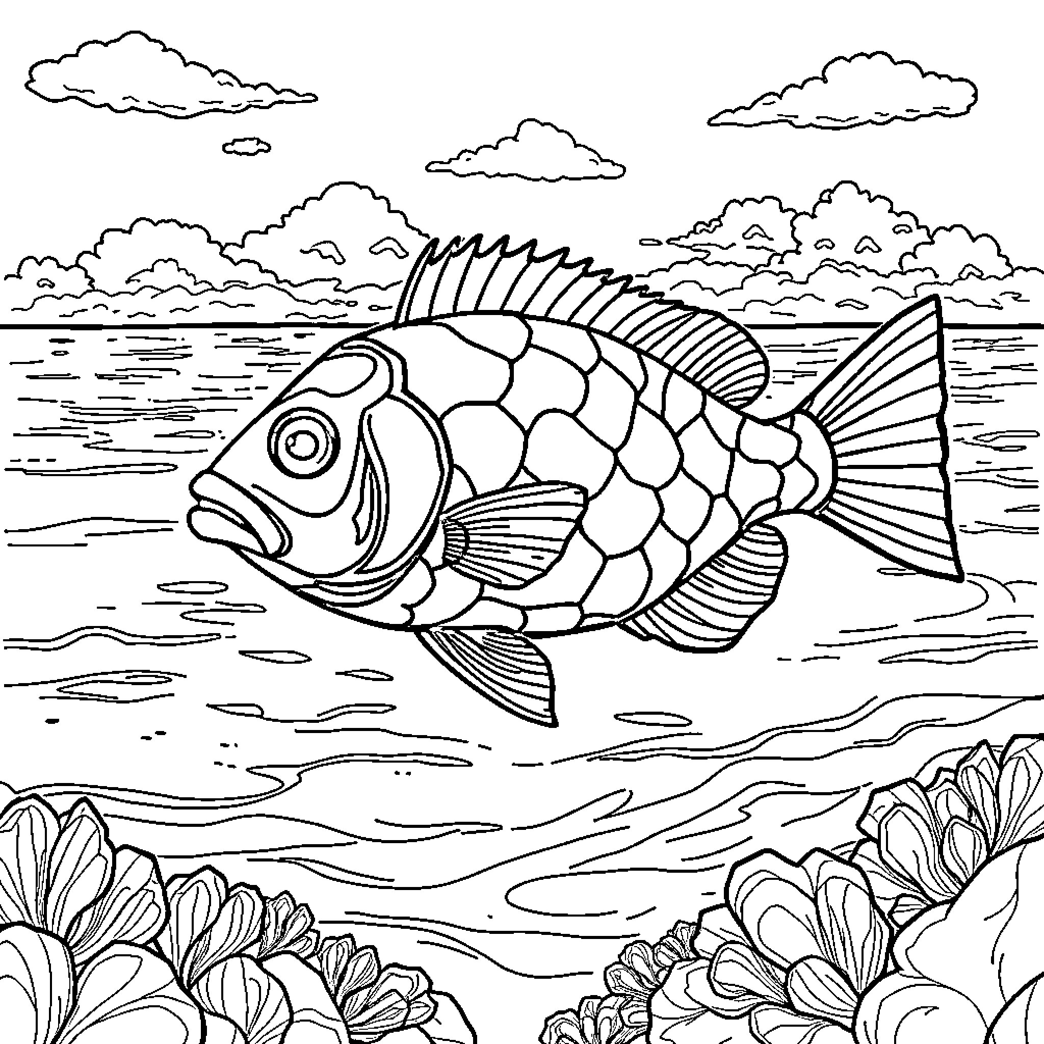 Fish swimming in a vibrant underwater scene Coloring Page (free black-and-white line drawing printable PDF for all, from beginners to advanced learners, including children, teens, adults, and seniors)