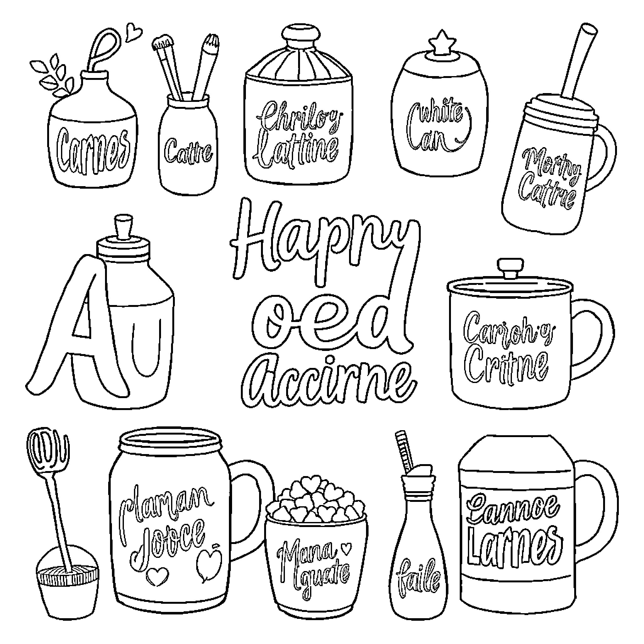 Object Featuring Various Kitchen Utensils and Drinks Coloring Page (free black-and-white line drawing printable PDF for all, from beginners to advanced learners, including children, teens, adults, and seniors)