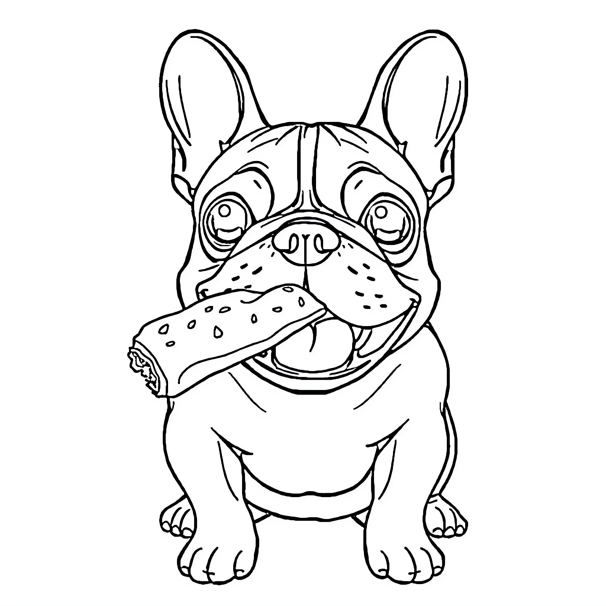 French Bulldog eating a hamburger Coloring Page (free black-and-white line drawing printable PDF for all, from beginners to advanced learners, including children, teens, adults, and seniors)